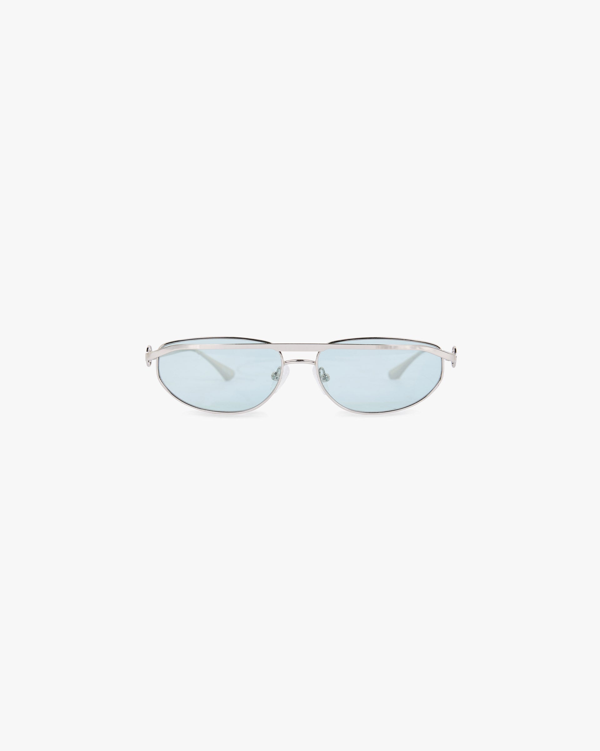 Front product image of mens silver green sunglasses on a plain white background | Slim Aviator Sunglasses in Silver Matcha | Lightweight aviator sunglasses | SS25 Accessories | Represent Clo