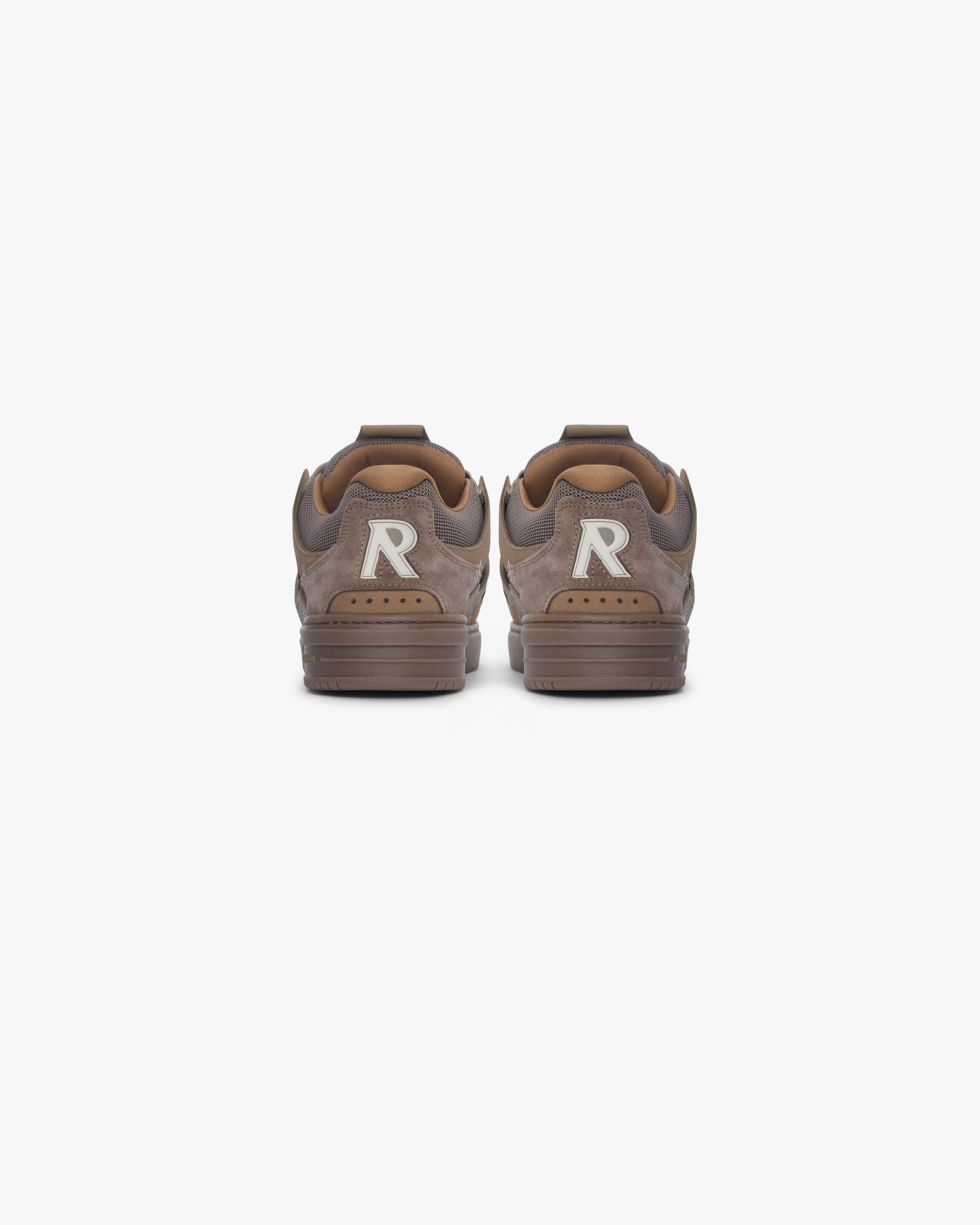 Detailed shot of mens taupe sneaker on a plain white background | Bully Sneaker in Washed Taupe | Skate inspired sneaker with leather, suede, and TPU overlays | SS24 Footwear | Represent Clo