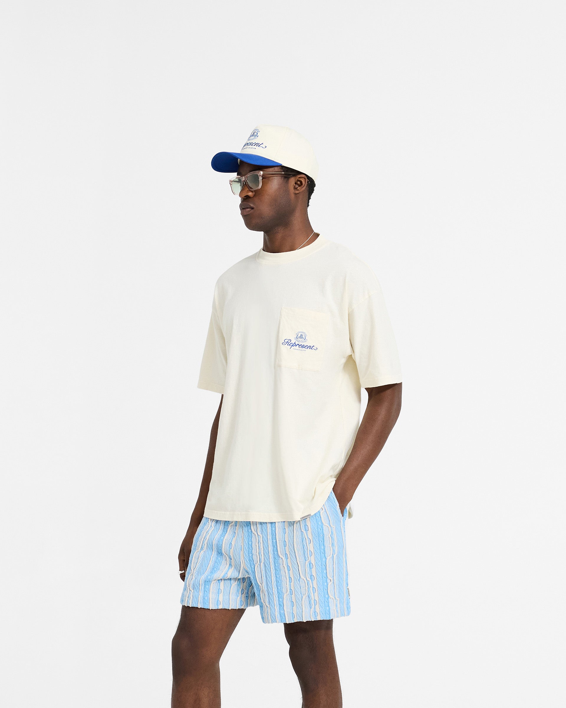 Back product image of a mens white t-shirt on a plain white background | Permanent Vacation Pocket T-Shirt in Antique White | Back view of slightly oversized t-shirt with embroidered artwork | SC24 T-Shirts | Represent Clo