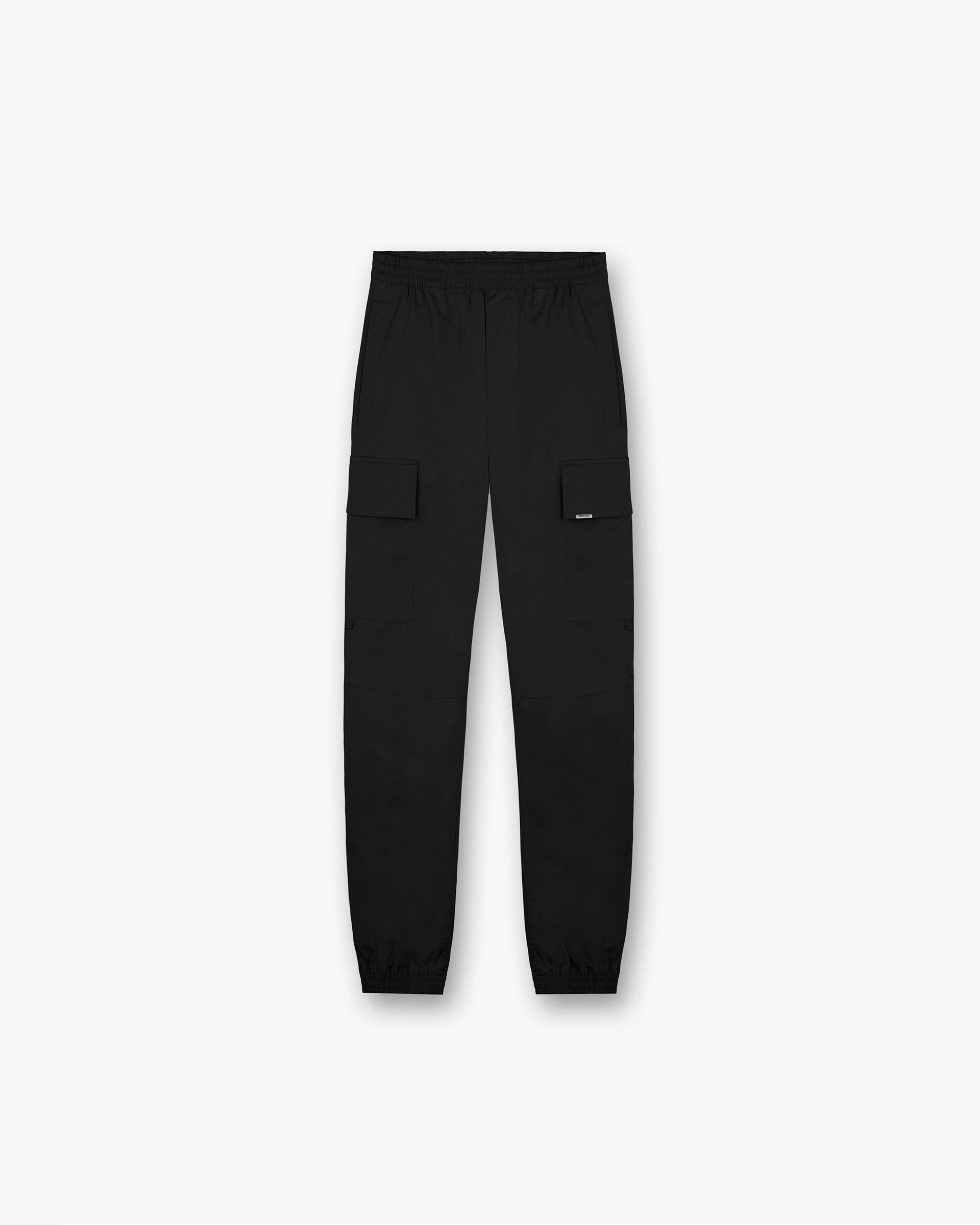 Front product image of mens black pants on a plain white background | Cuffed Cargo Pant in Black | Cargo pants with elastic cuffs | FW24 Pants | Represent Clo