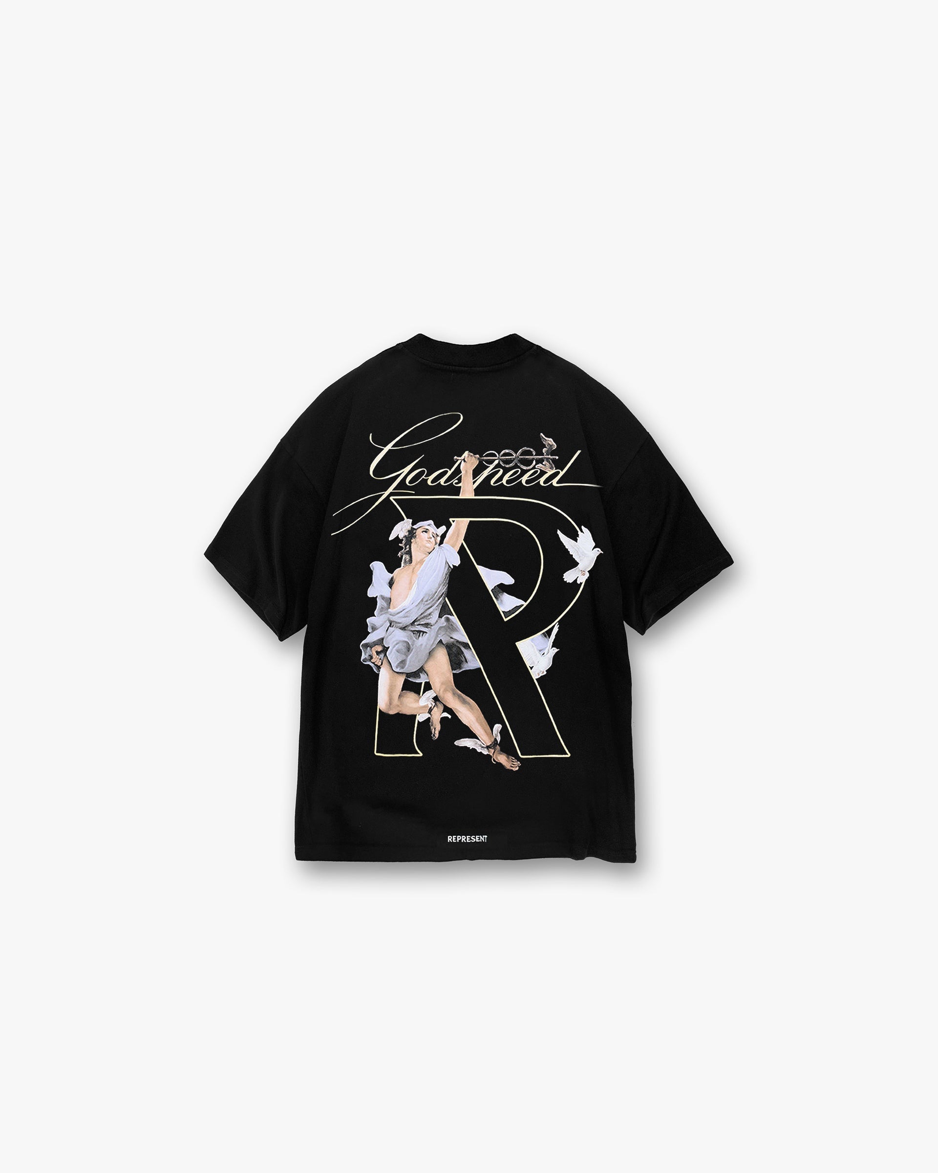 Back product image of a mens black t-shirt on a plain white background | Hermes T-Shirt in Jet Black | Oversized t-shirt with high density screen print graphic | FW24 T-Shirts | Represent Clo