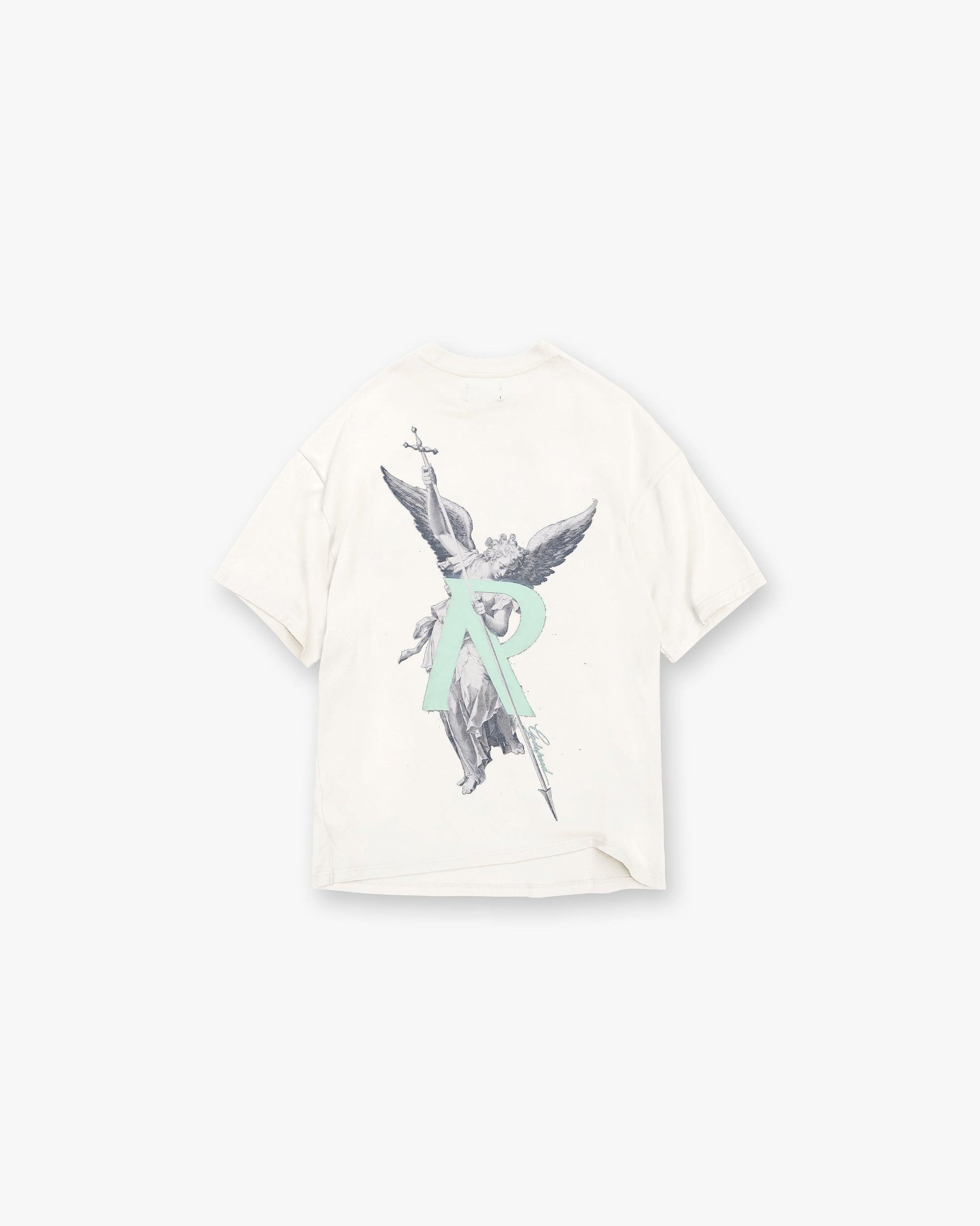 Back product image of a mens white t-shirt on a plain white background | Archangel Initial T-Shirt in Salt | White t-shirt with high density Archangel graphic | Exclusives T-Shirts | Represent Clo