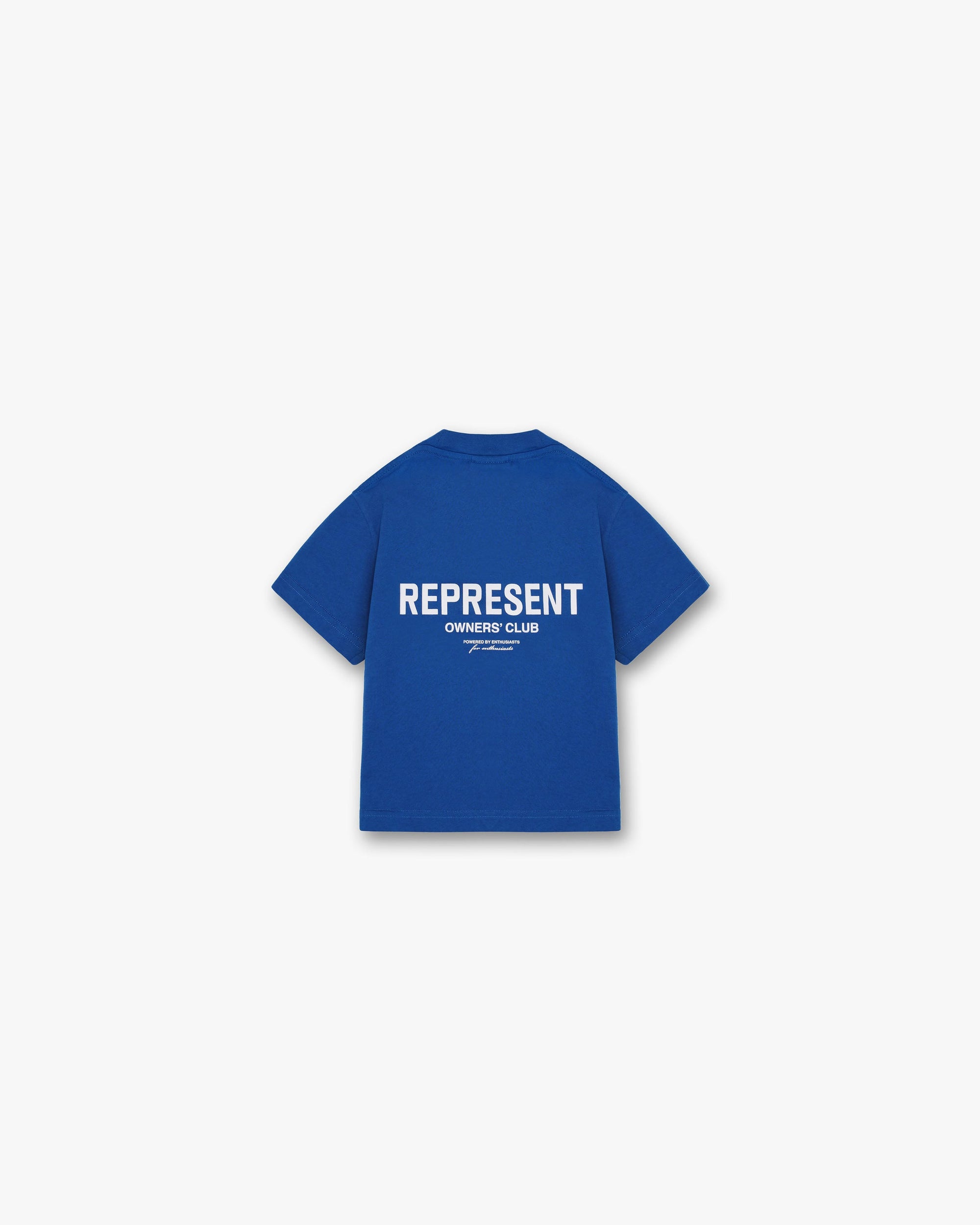 Front product image of a childs blue t-shirt on a plain white background | Represent Mini Owners Club T-Shirt in Cobalt | Kids t-shirt with chest logo print | Owners Club T-Shirts | Represent Clo