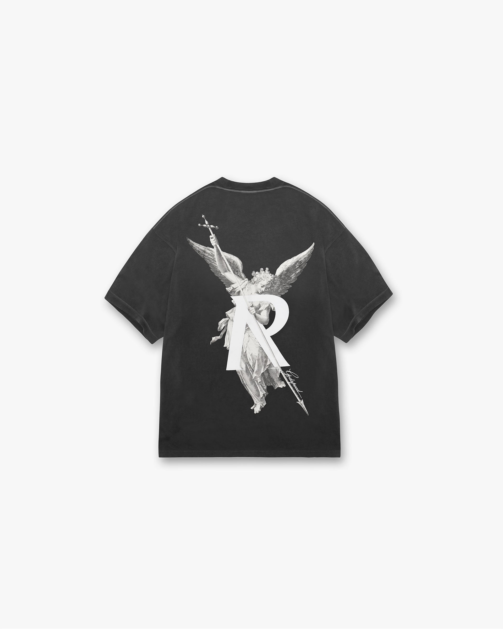 Back product image of a mens black t-shirt on a plain white background | Archangel T-Shirt in Stained Black | Slightly oversized t-shirt with fade out wash and high density graphic | FW24 T-Shirts | Represent Clo