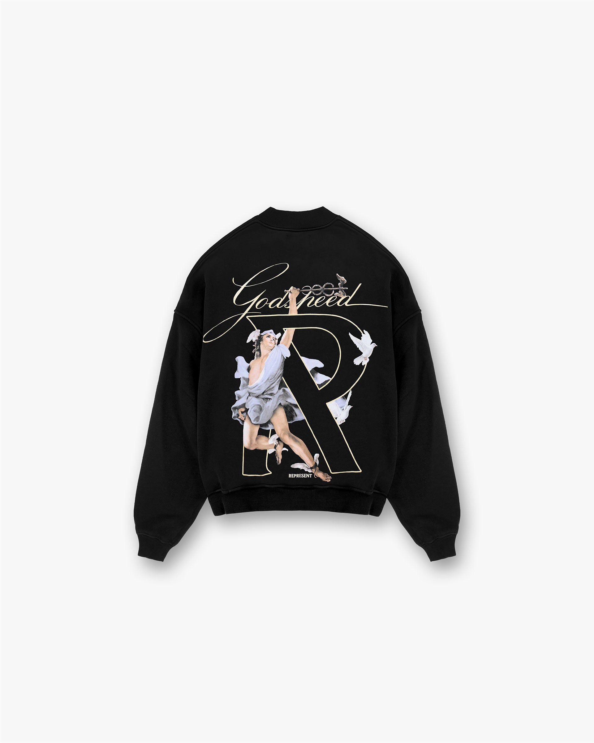 Back product image of a mens black sweater on a plain white background | Hermes Sweater in Jet Black | Oversized sweater with screen print graphics and metal bar logo | FW24 Sweaters | Represent Clo