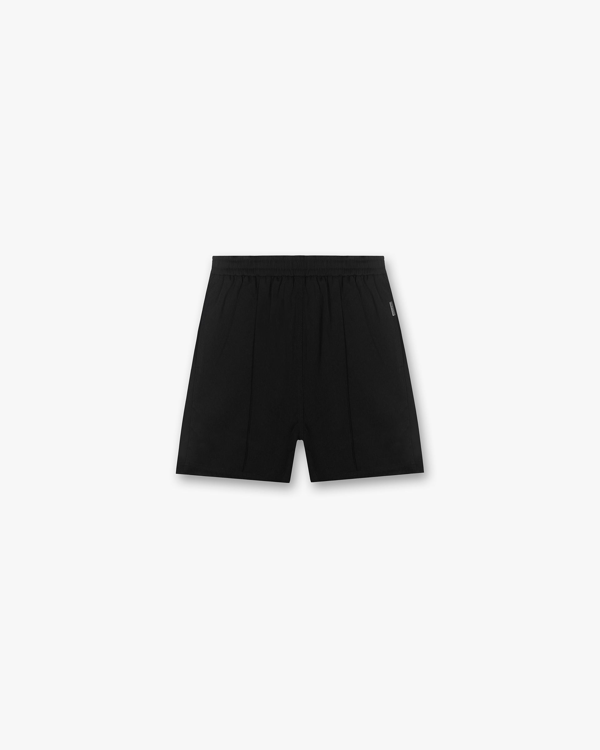 Front product image of mens black shorts on a plain white background | Initial Track Short in Black | Shorts with overlock seams and Represent branding | Initial Shorts | Represent Clo