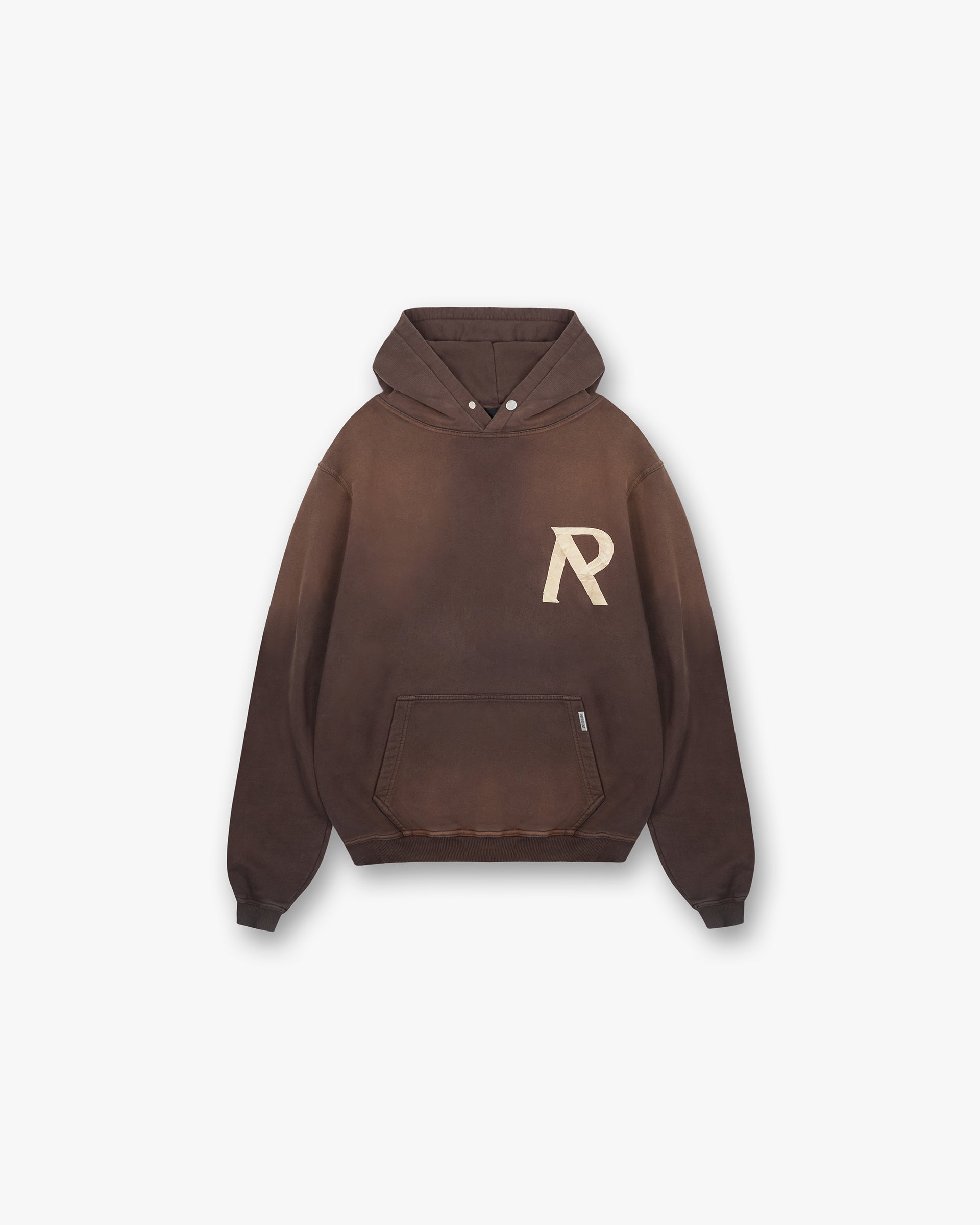 Front product image of a mens green hoodie on a plain white background | Masking Tape Initial Hoodie in Cedar | Hoodies with masking tape initial detailing | FW24 Hoodies | Represent Clo
