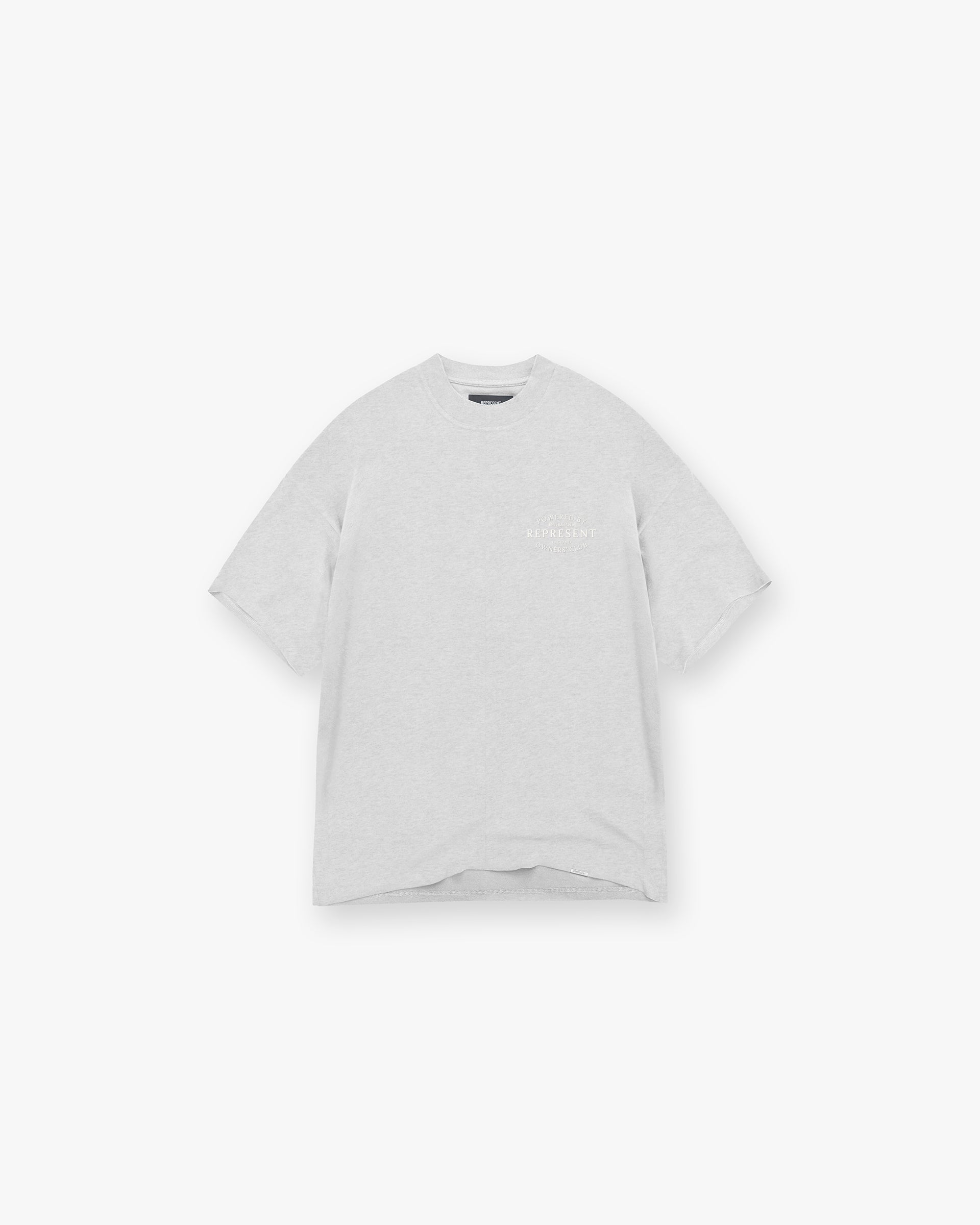 Back product image of a mens grey t-shirt on a plain white background | Represent Owners Club Stamp T-Shirt in Ash Grey | Oversized fit t-shirt with high build branding | Owners Club T-Shirts | Represent Clo