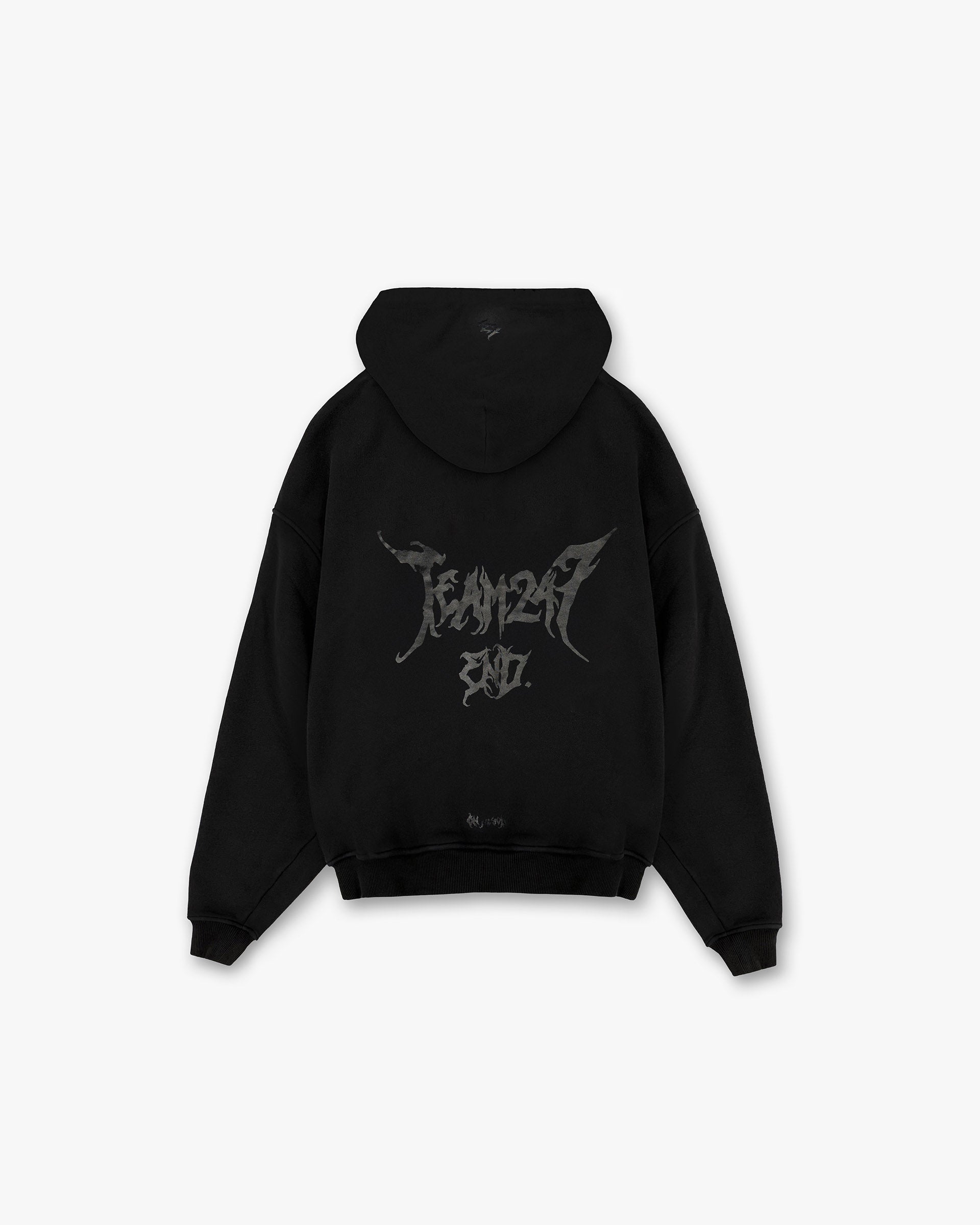 Back product image of a mens black hoodie on a plain white background | Team 247 X END Oversized Hoodie in Jet Black | Hoodies with ribbed cuffs and co-branded graphics | 247 Hoodies | Represent Clo