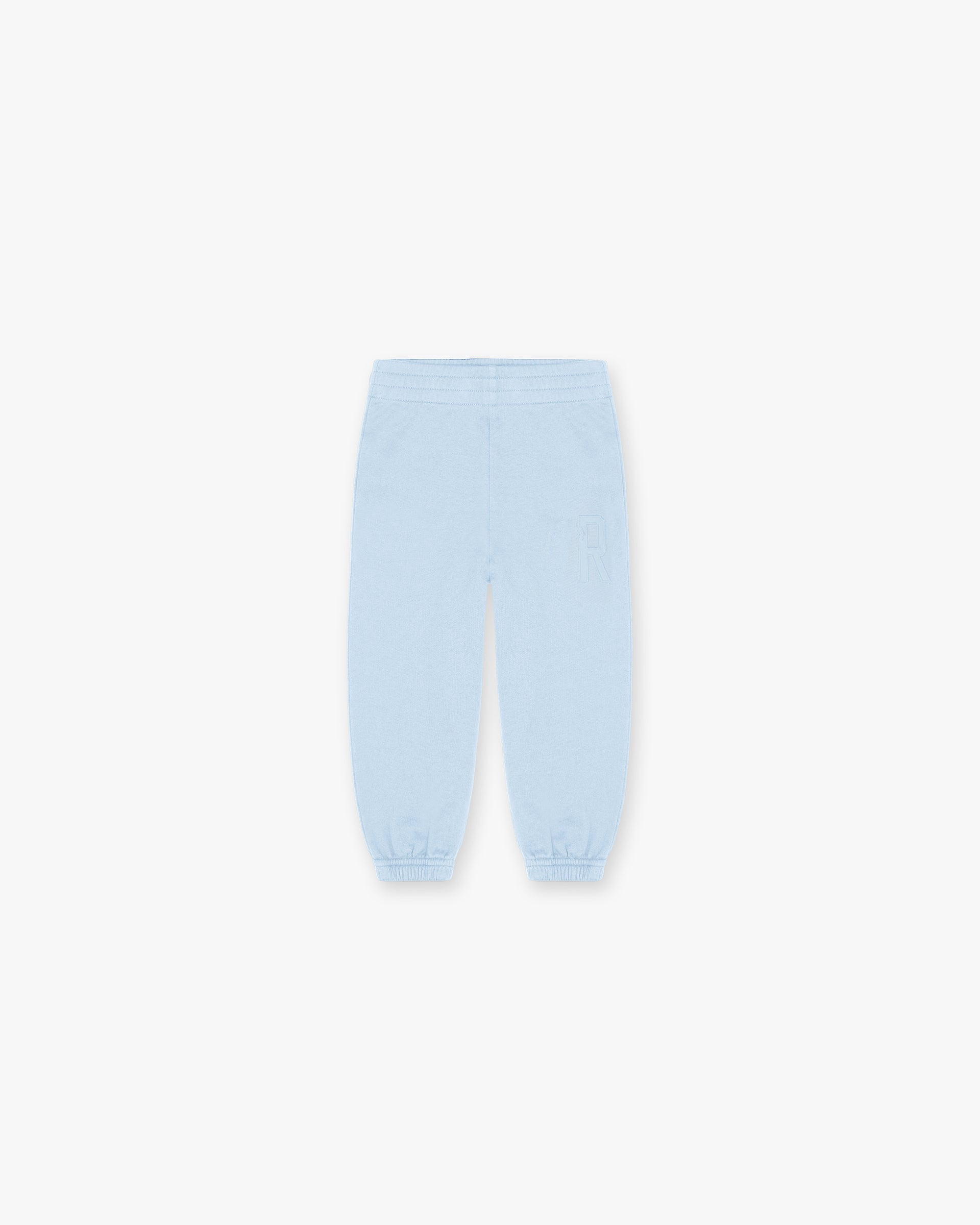 Front product image of mens blue sweatpants on a plain white background | Mini Rep Applique Sweatpants in Powder Blue | Sweatpants with applique detail | FW24 Pants | Represent Clo