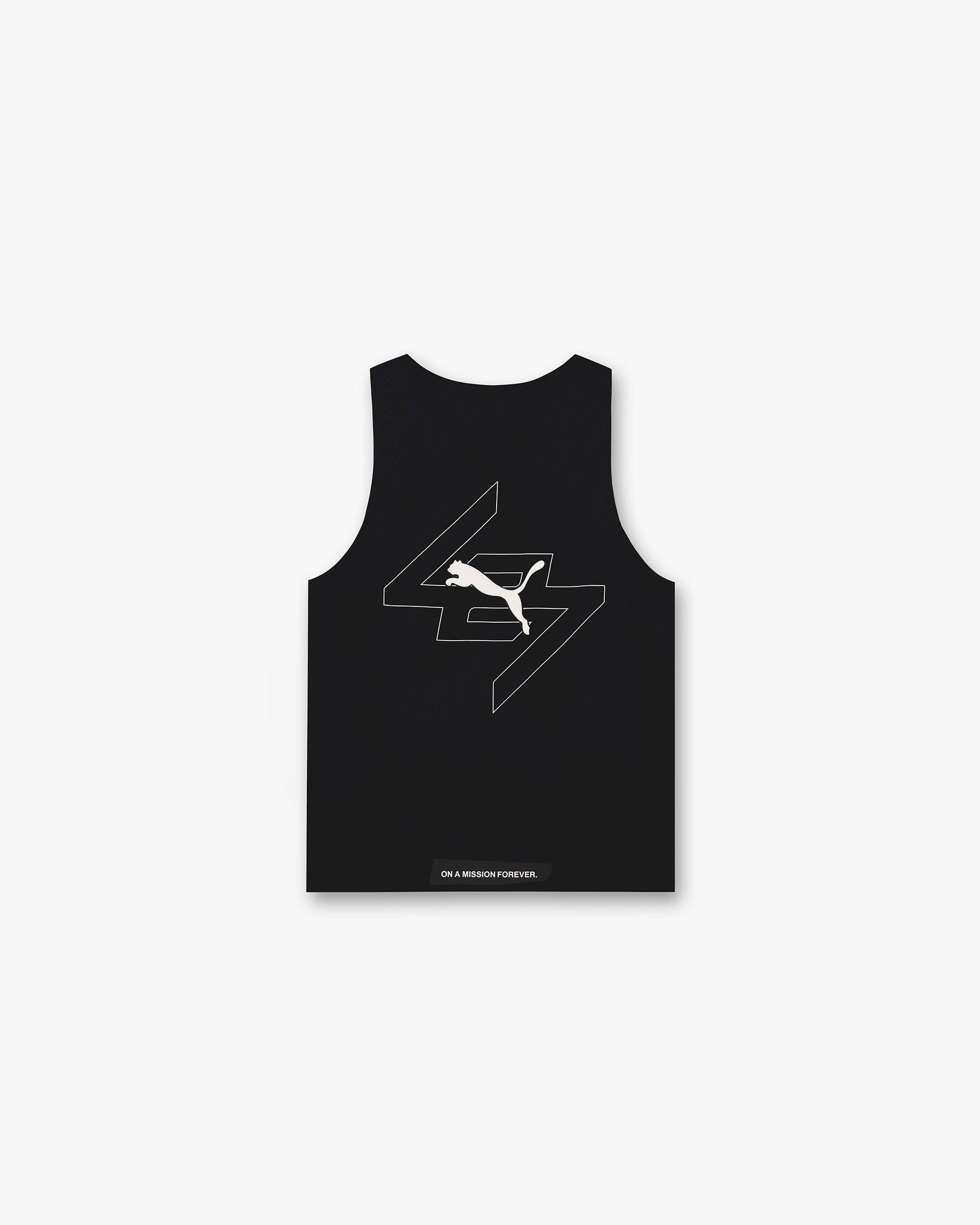 Back product image of a mens black tank top on a plain white background | 247 X Puma Oversized Tank in Black | Oversized tank with 3D silicone transfer branding | 247 T-Shirts | Represent Clo