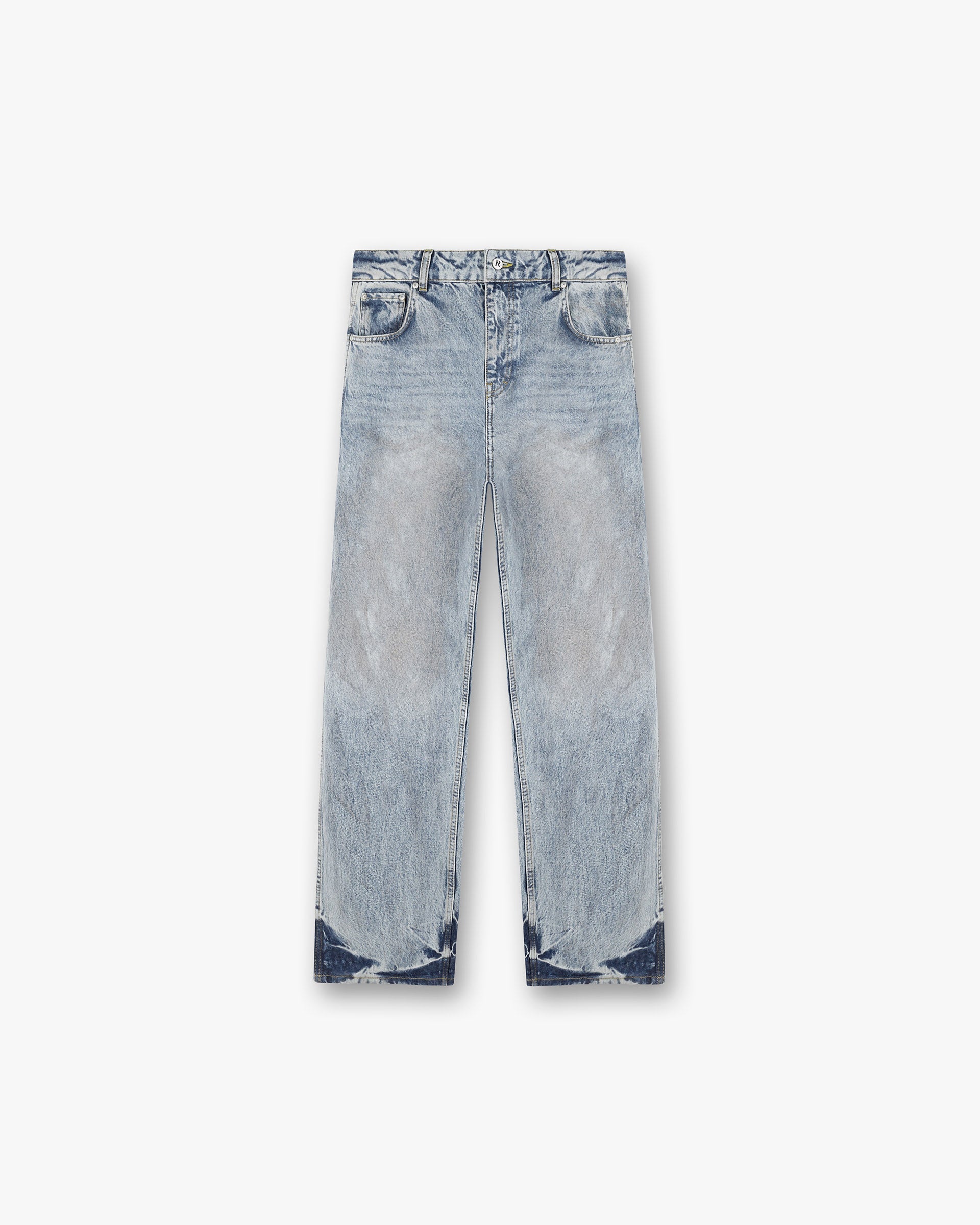 Front product image of mens blue denim on a plain white background | R3 Baggy Denim in Mechanic Blue | Baggy fit denim jeans | SS25 Denim | Represent Clo