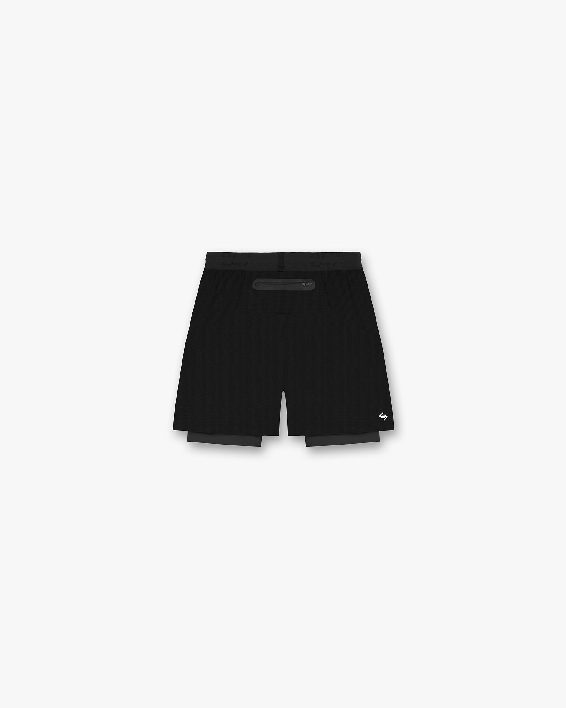 Back product image of mens black shorts on a plain white background | 247 Trail Short in Jet Black | 2-in-1 trail shorts with 5-inch inseam and zip pockets | 247 Shorts | Represent Clo