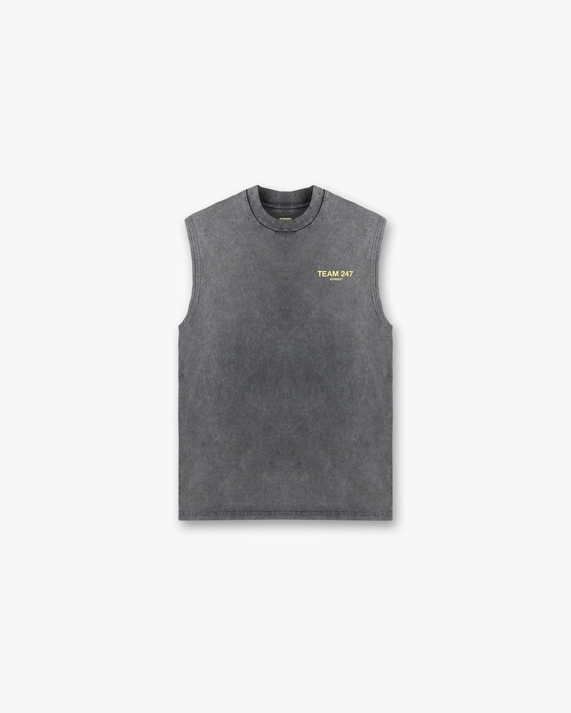 Front product image of a mens grey t-shirt on a plain white background | Team 247 Oversized Tank in Pewter Lemon | Oversized t-shirt with ribbed crewneck | 247 T-Shirts | Represent Clo