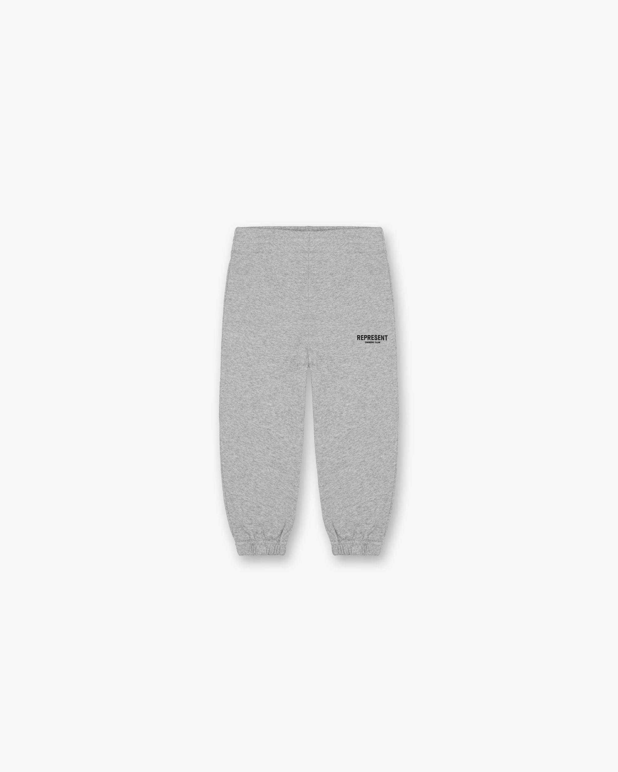 Front product image of a mens grey sweatpants on a plain white background | Represent Mini Owners Club Sweatpants in Ash Grey | Sweatpants with embroidered logo | Owners Club Pants | Represent Clo