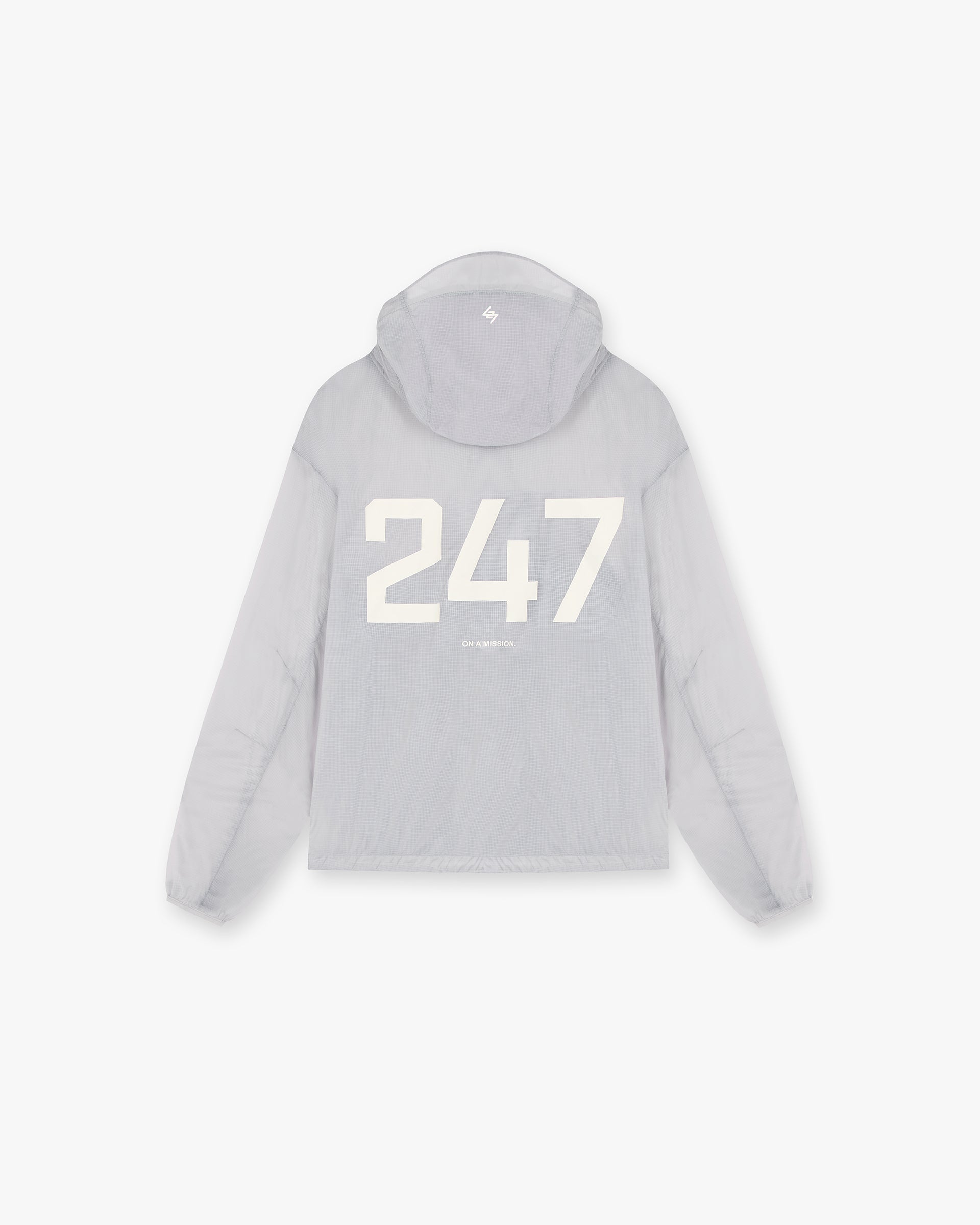 Back product image of a mens translucent nylon jacket on a plain white background | 247 Hooded Training Jacket in Moonstone | Oversized fit with adjustable hem and hood | 247 Outerwear | Represent Clo