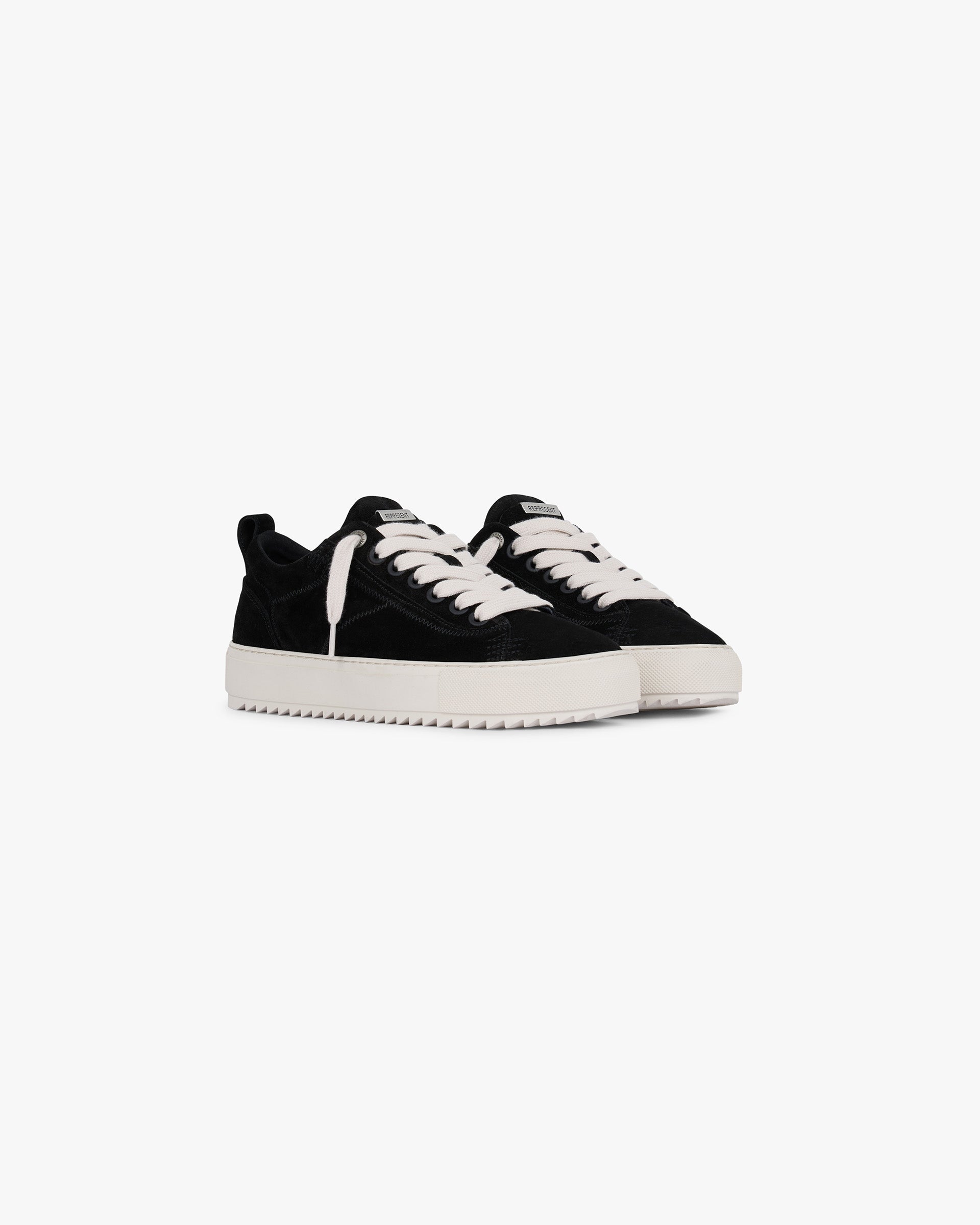 Back product image of mens black suede footwear on a plain white background | Alpha 2.0 in Black | Footwear with branded metal eyelets and padded collar | PRE SS25 Footwear | Represent Clo
