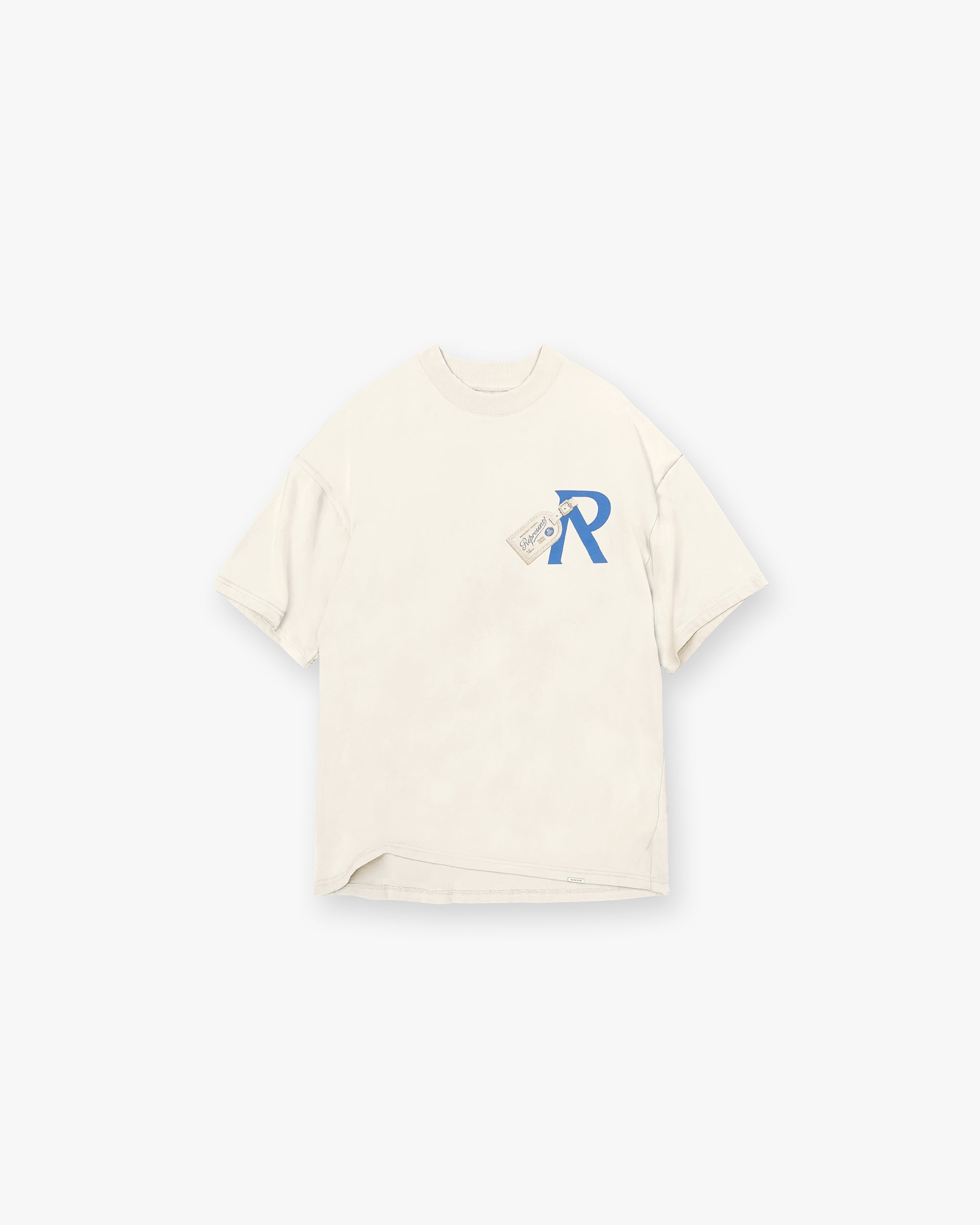Front product image of a mens white t-shirt on a plain white background | Luggage Tag T-Shirt in Antique White | T-Shirt with embroidered Initial logo | SC24 T-Shirts | Represent Clo