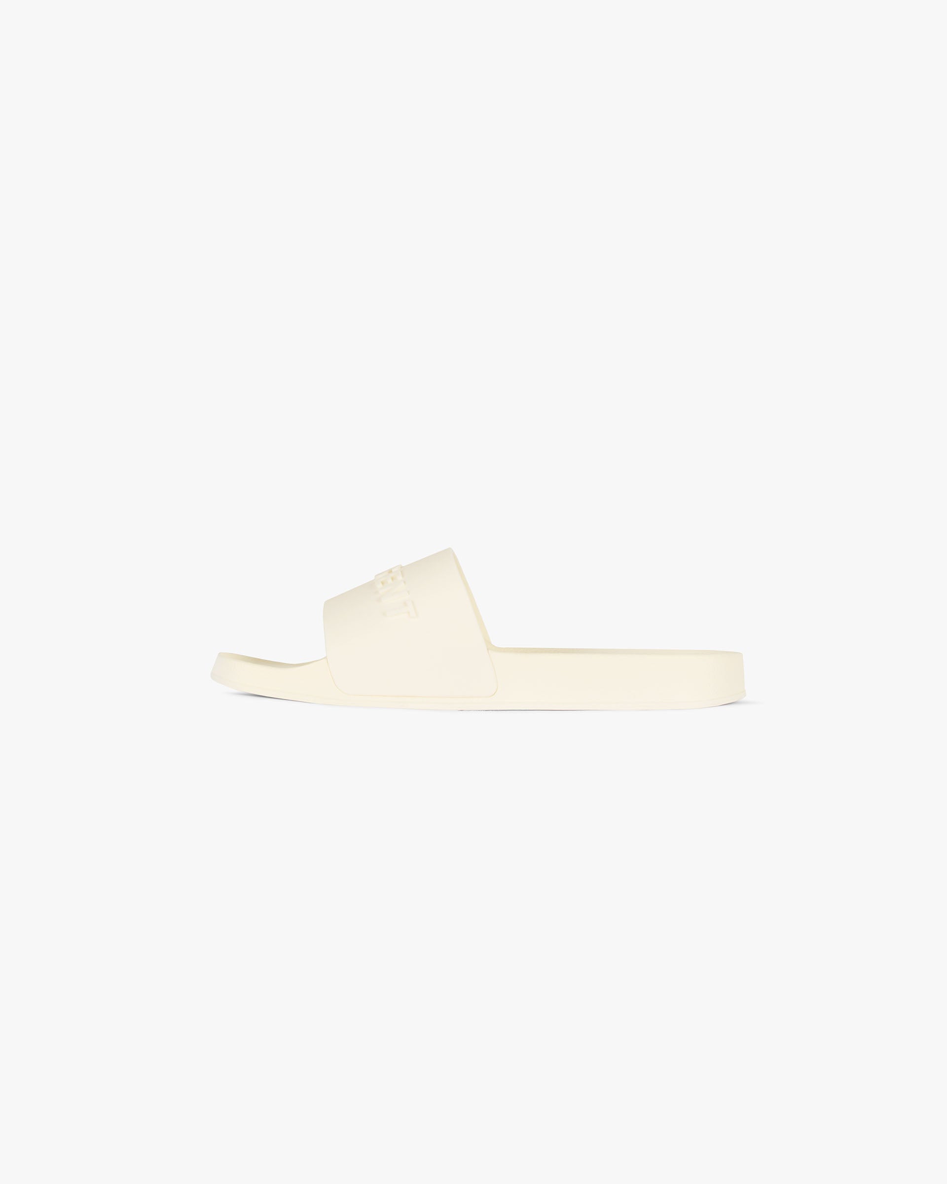 Back product image of mens white slides on a plain white background | Represent Pool Slide in Flat White | Slides with raised logo and soft footbed | FW24 Footwear | Represent Clo