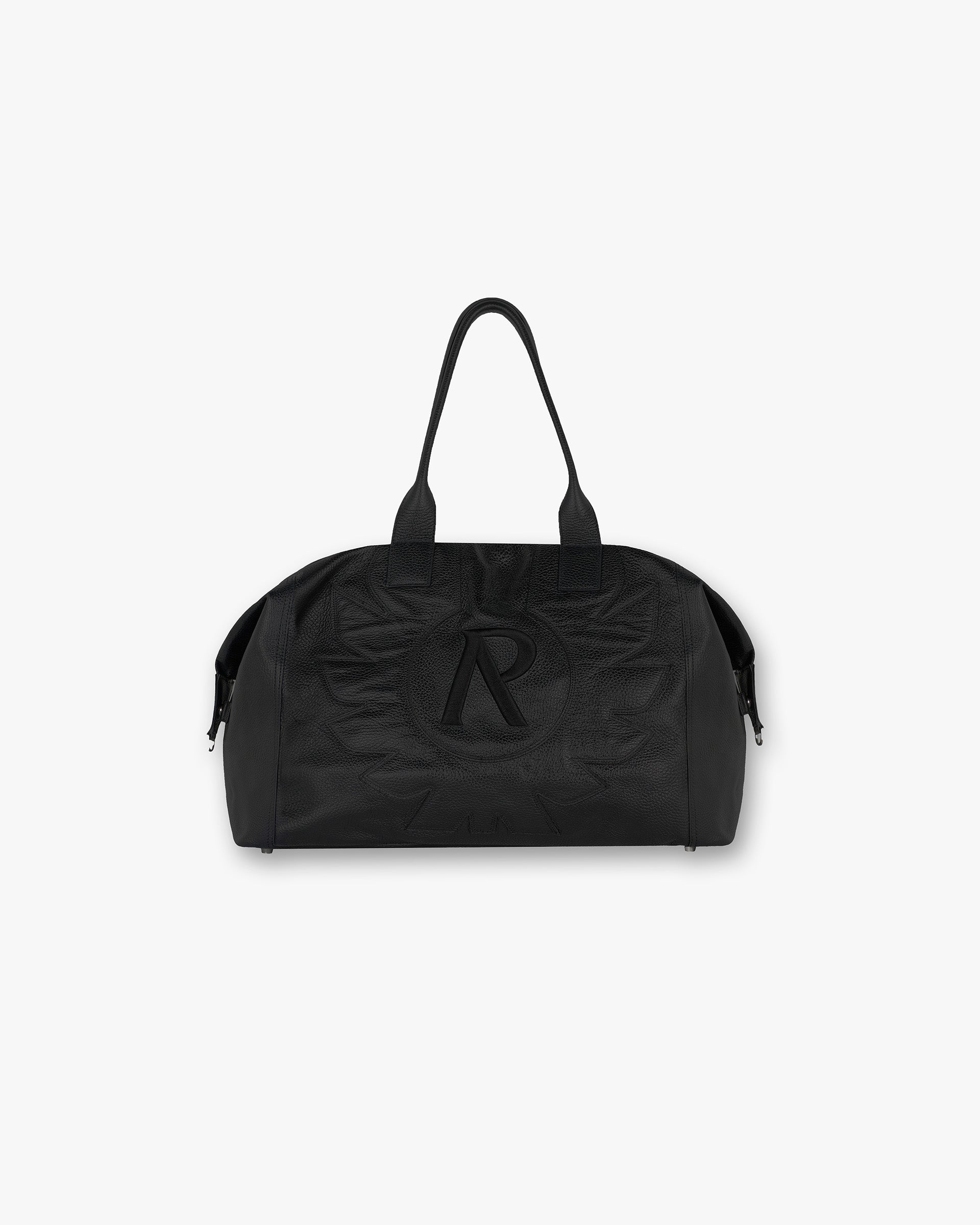 Front product image of a mens black leather duffle bag on a plain white background | Represent X Belstaff Phoenix Leather Duffle Bag in Black | Leather duffle bag with metal bar closure | Exclusives Accessories | Represent Clo