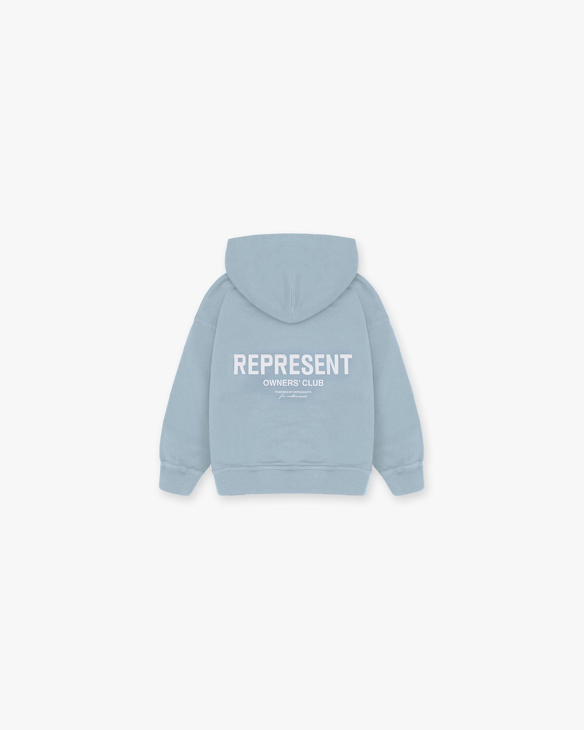 Front product image of a childs blue hoodie on a plain white background | Represent Mini Owners Club Hoodie in Powder Blue | Kids relaxed fit hoodie | Owners Club Hoodies | Represent Clo