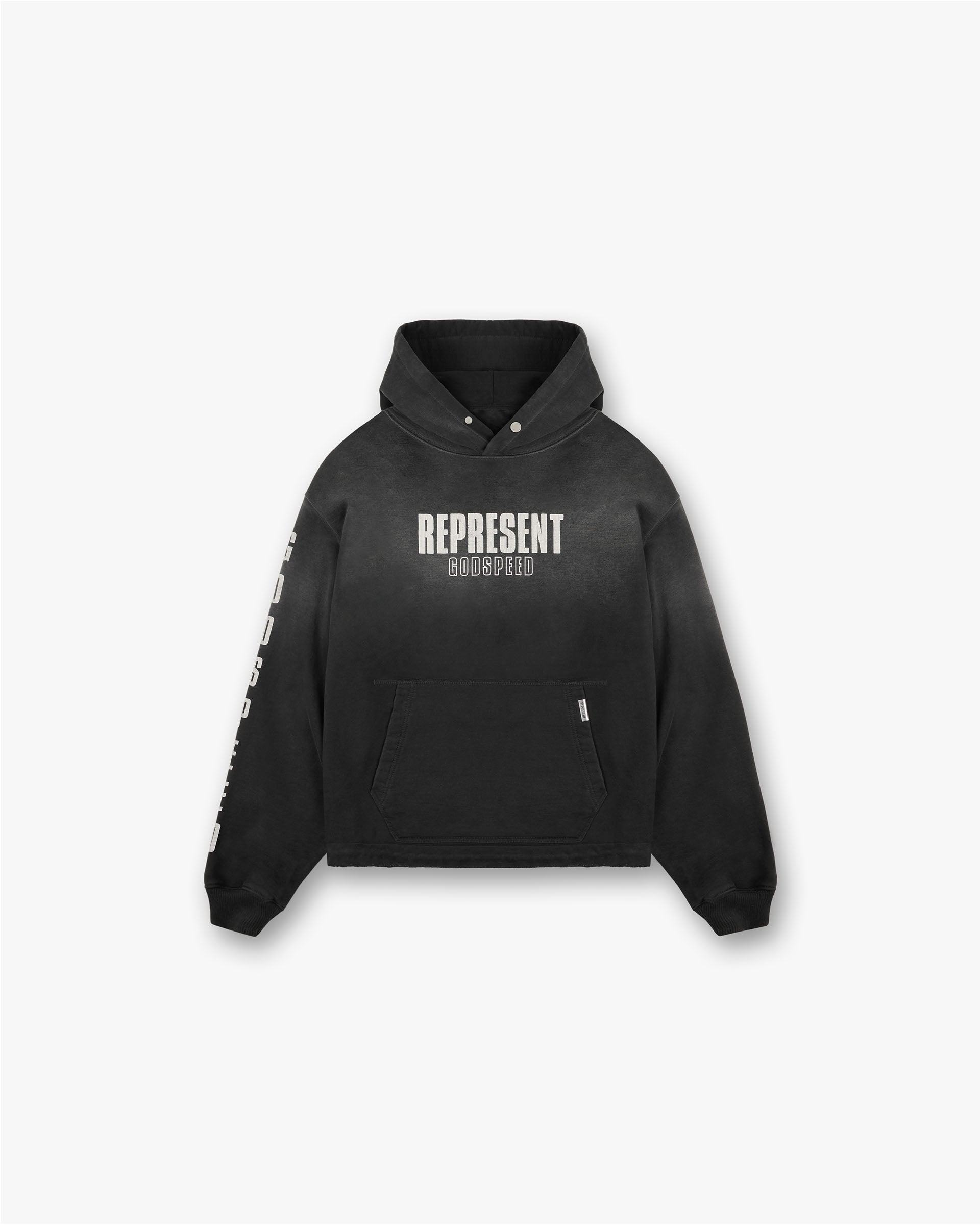 Front product image of a mens black hoodie on a plain white background | Godspeed Hoodie in Aged Black | Premium mens hoodie | FW24 Hoodies | Represent Clo
