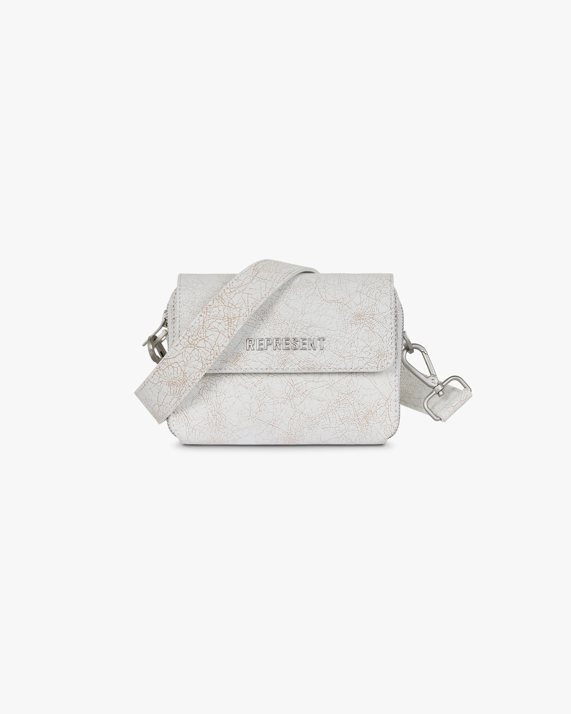 Front product image of a mens white cross body bag on a plain white background | Cracked Leather Cross Body Bag in Antique White | Leather bag with adjustable strap | SC24 Accessories | Represent Clo