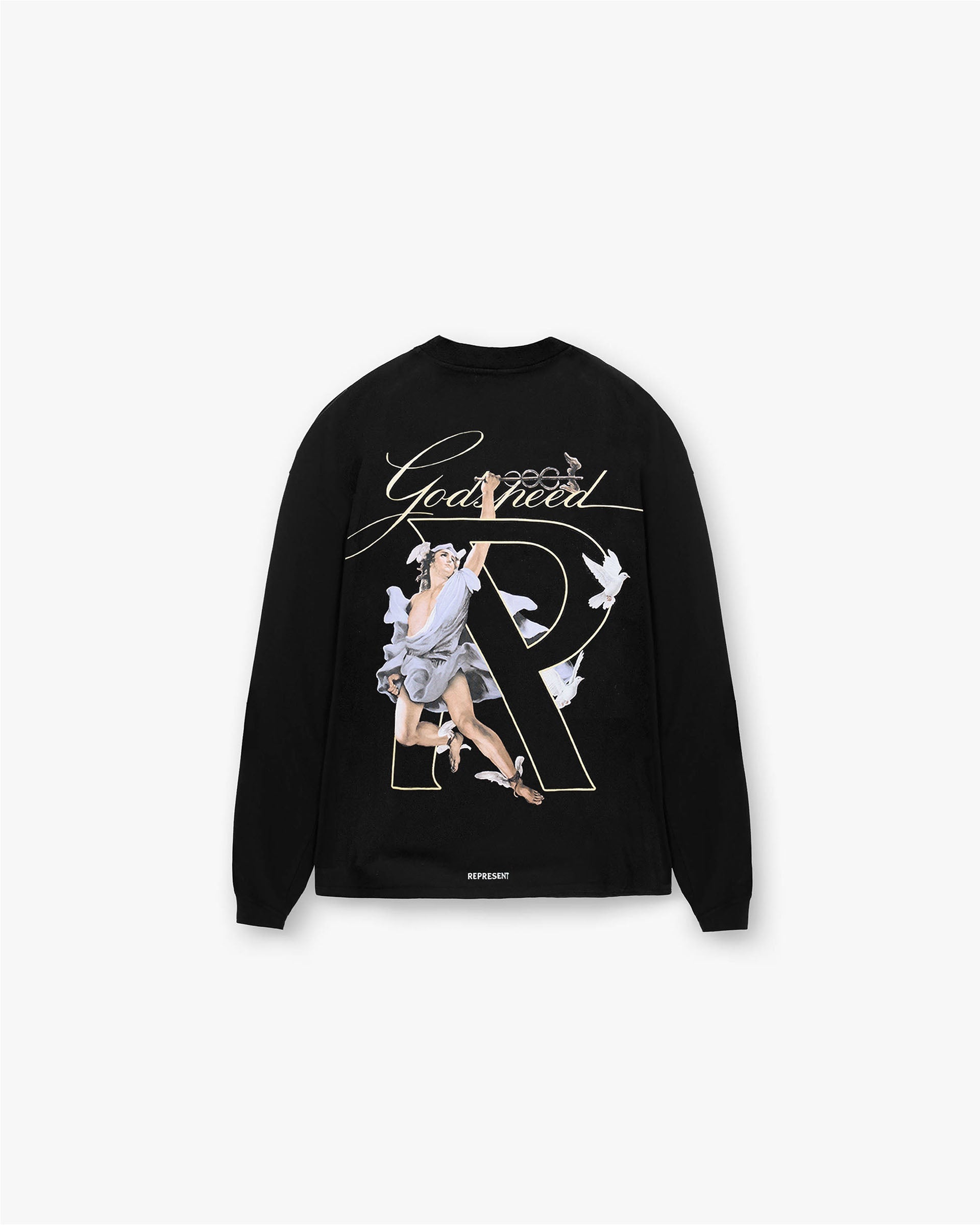 Back product image of a mens black long sleeve t-shirt on a plain white background | Hermes Long Sleeve T-Shirt in Jet Black | Oversized long sleeve tee with high density graphic | FW24 T-Shirts | Represent Clo