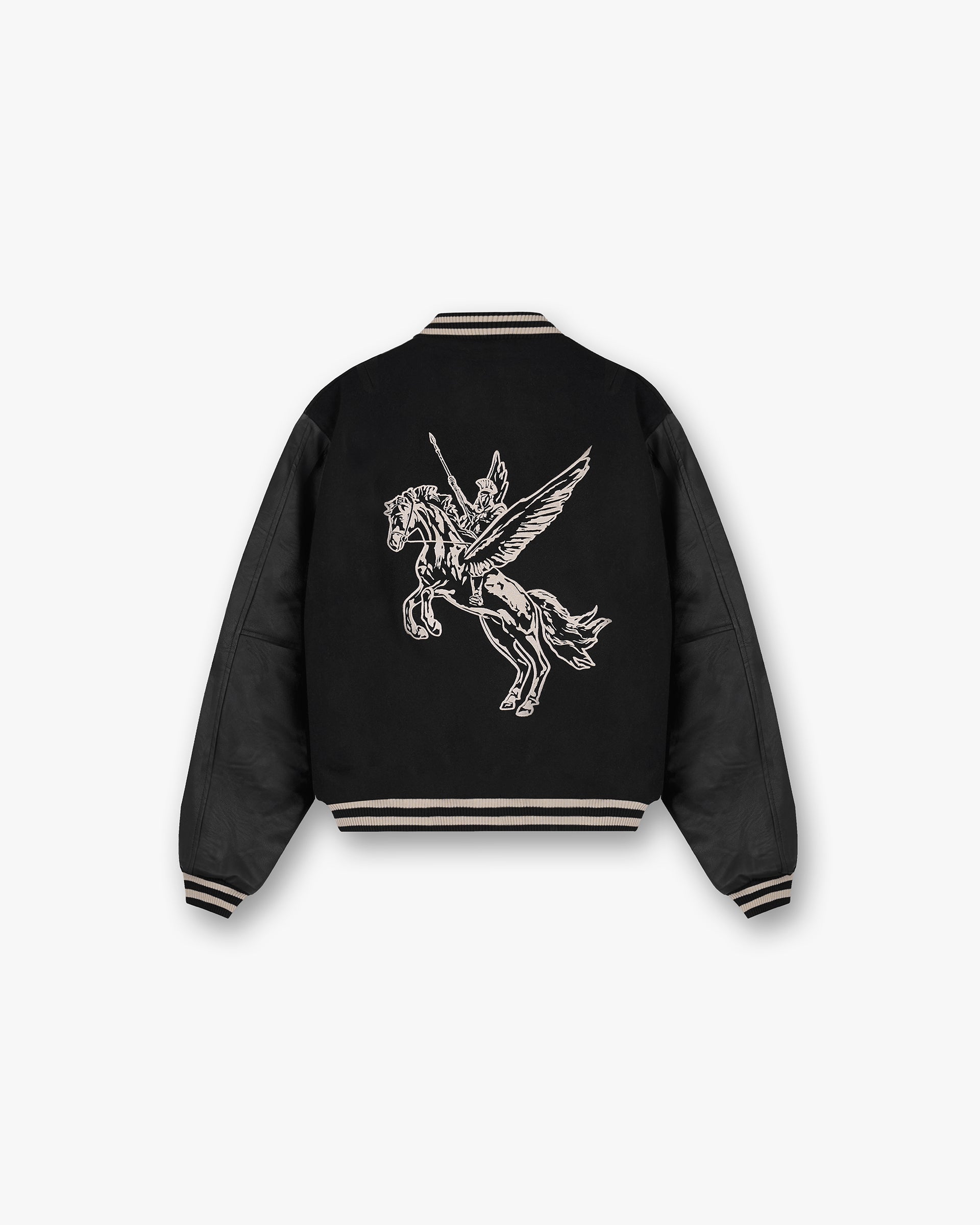 Back product image of a mens black varsity jacket on a plain white background | Mascot Wool Varsity Jacket in Jet Black | Wool varsity jacket with PU sleeves and embroidered mascot | FW24 Outerwear | Represent Clo