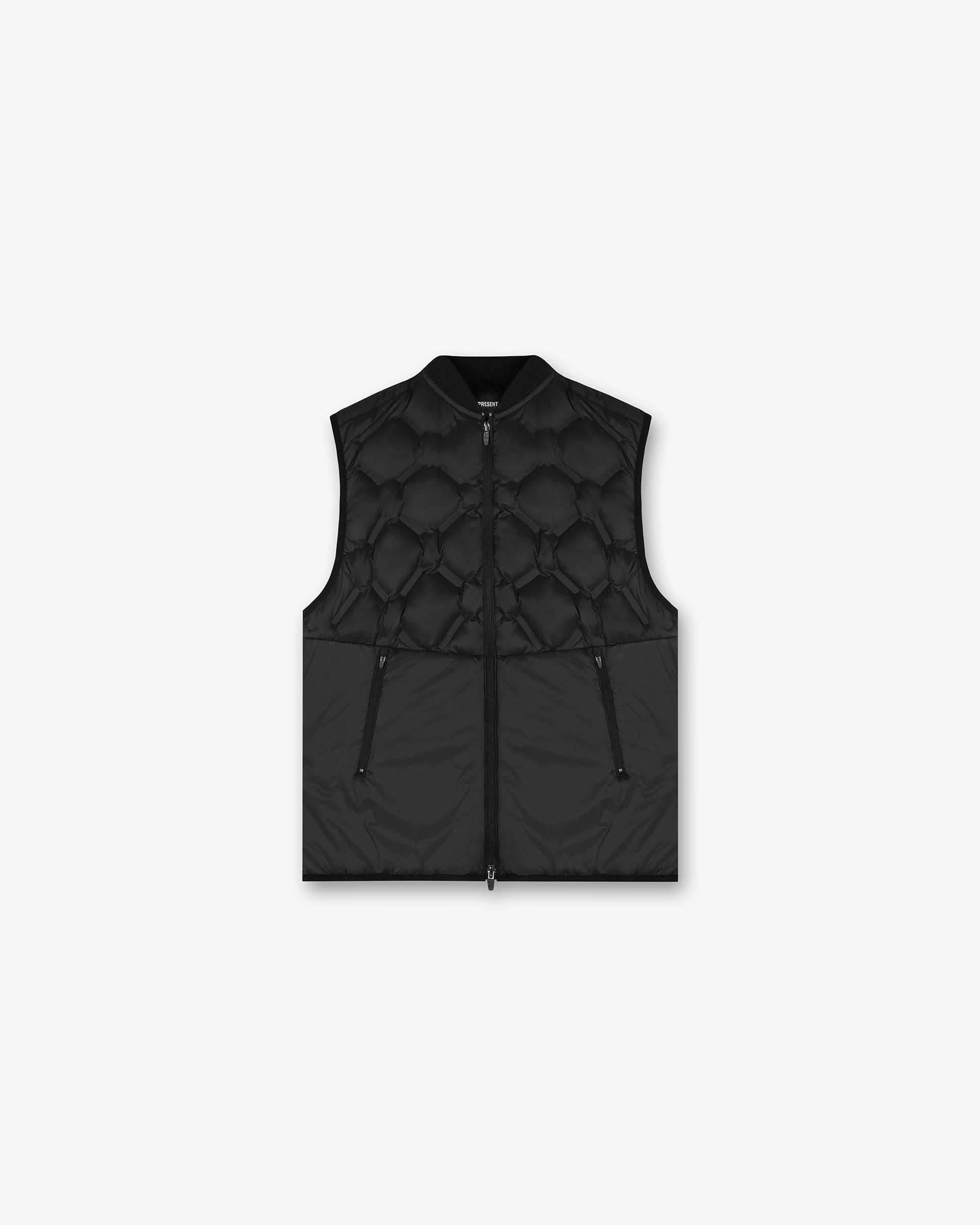 Front product image of a mens black quilted overshirt on a plain white background | 247 Lightweight Gilet in Black | Quilted overshirt with centre front poppers | 247 Outerwear | Represent Clo