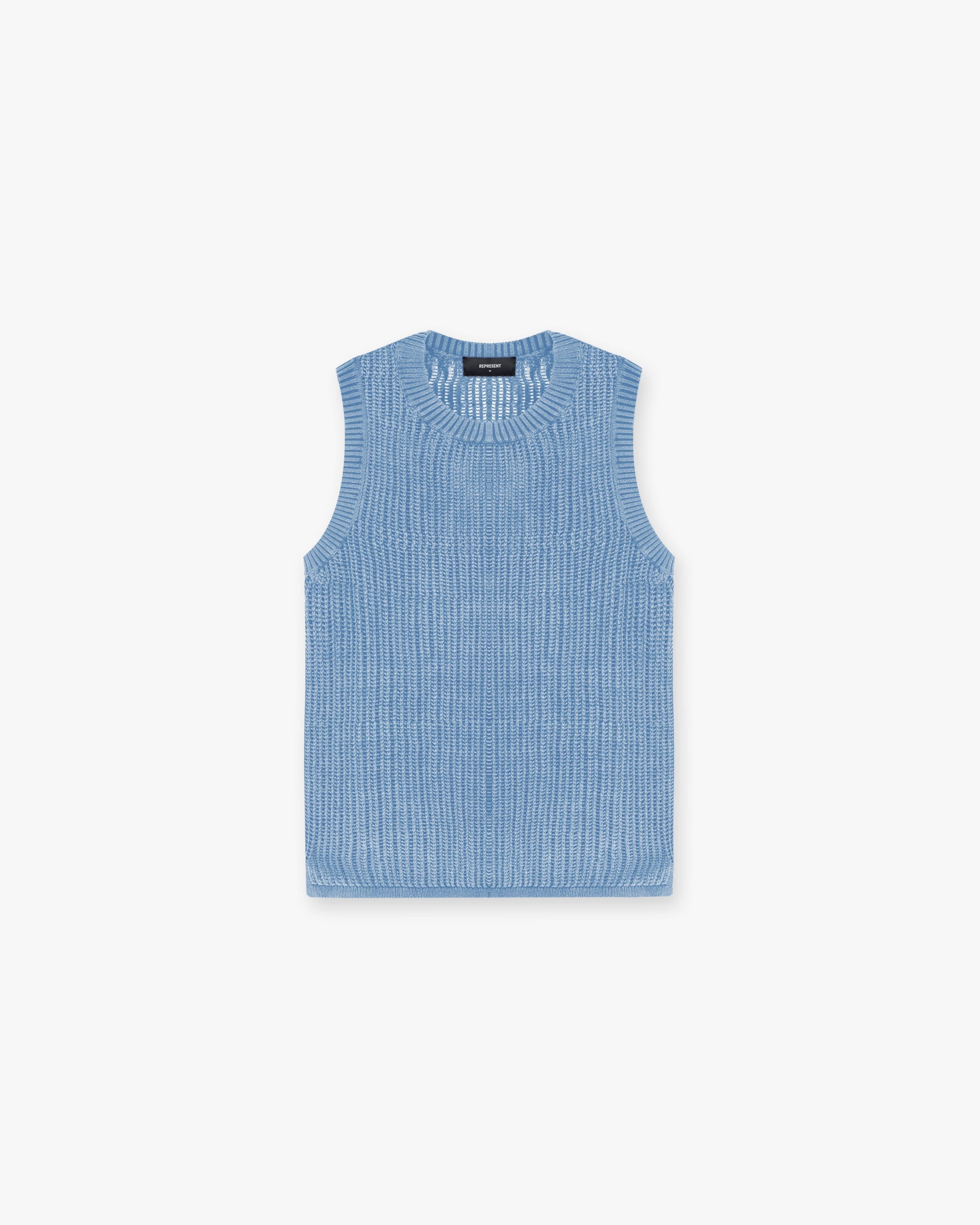 Front product image of a mens blue knit vest on a plain white background | Washed Knit Vest in Sky Blue | Knitwear vest with vintage wash | SS24 Knitwear | Represent Clo