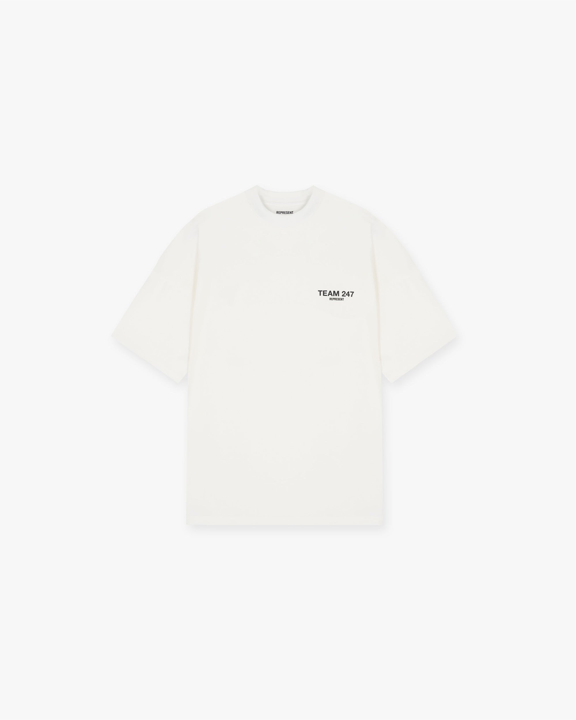 Front product image of a mens white t-shirt on a plain white background | Team 247 Oversized T-Shirt in Flat White | Oversized t-shirt for a casual fit | 247 T-Shirts | Represent Clo