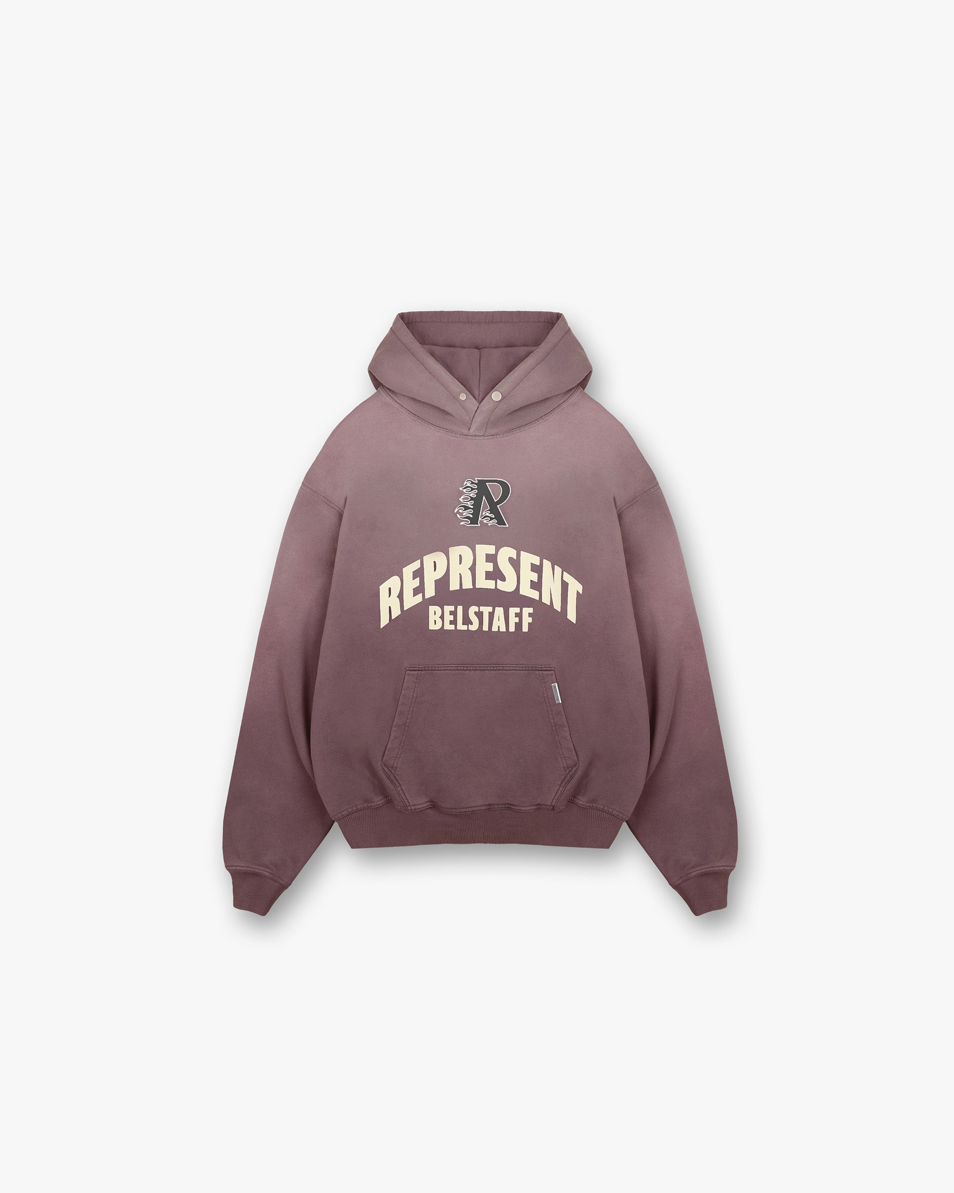 Front product image of a mens purple hoodie on a plain white background | Represent X Belstaff Flame Phoenix Hoodie in Plum | Oversized hoodie with flame phoenix graphic | Exclusives Hoodies | Represent Clo