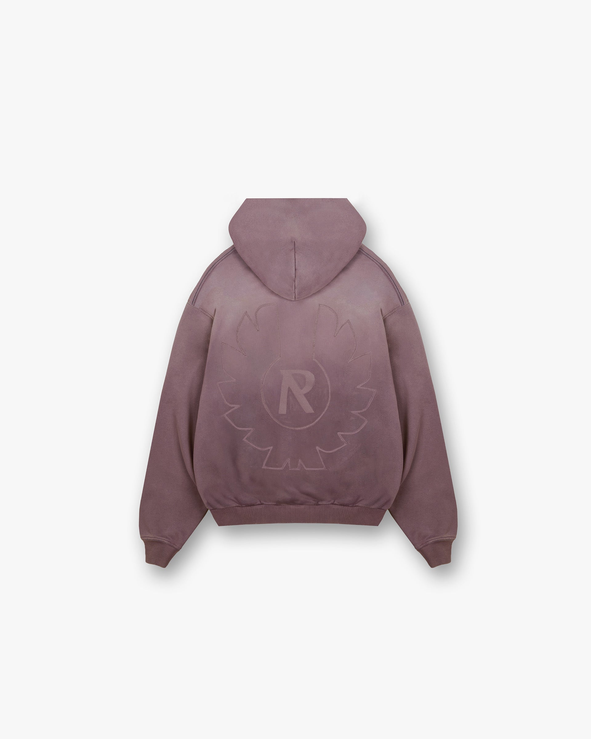Back product image of a mens plum hoodie on a plain white background | Represent X Belstaff Outline Phoenix Hoodie in Plum | Heavyweight oversized hoodie with embroidered logos | Exclusives Hoodies | Represent Clo