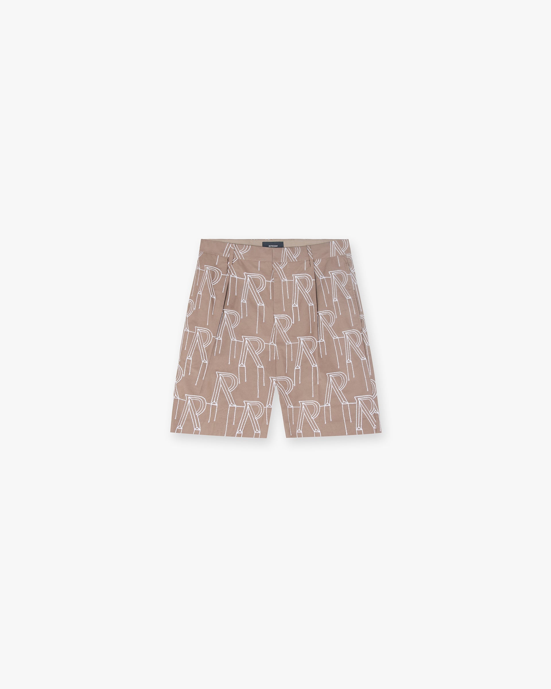 Front product image of mens taupe shorts on a plain white background | Embroidered Initial Tailored Short in Washed Taupe | Tailored shorts with embroidered initial | SS24 Shorts | Represent Clo