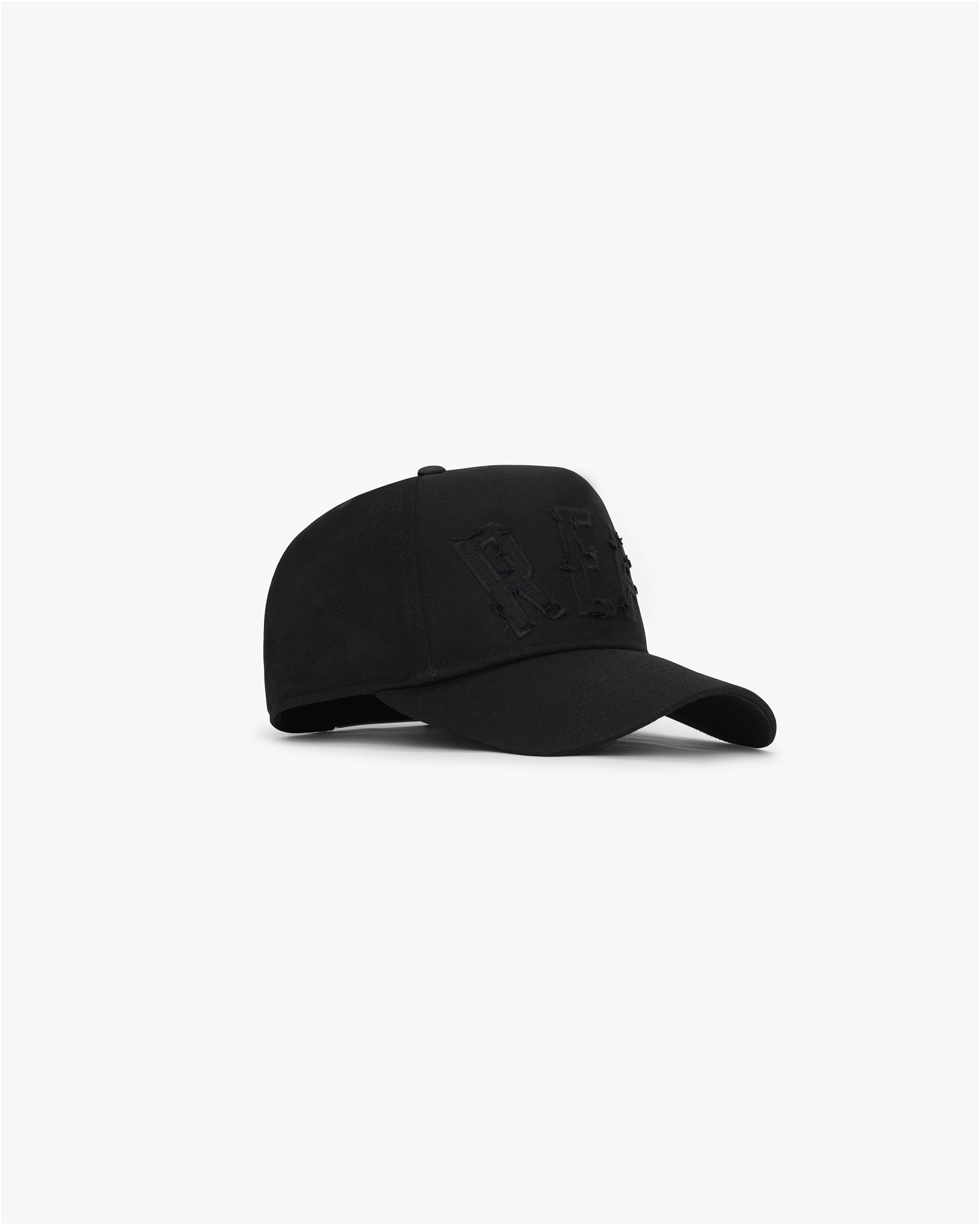 Front product image of a mens black cap on a plain white background | Applique Rep Cap in Black | Cap with applique detailing | FW24 Accessories | Represent Clo