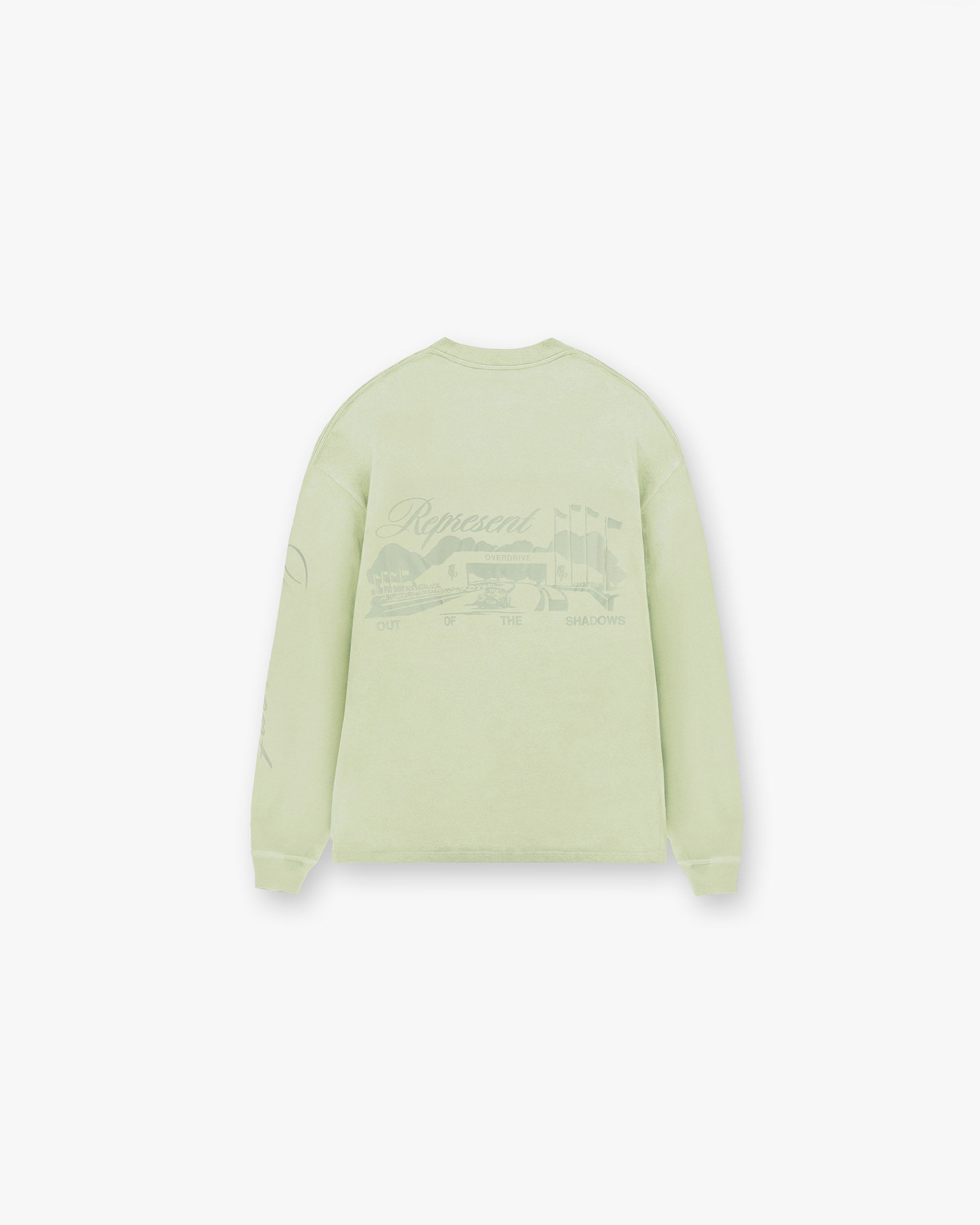 Back product image of a mens green long sleeve t-shirt on a plain white background | Raceway Long Sleeve T-Shirt in Matcha | Long sleeve t-shirt with puff print graphics | SS25 T-Shirts | Represent Clo