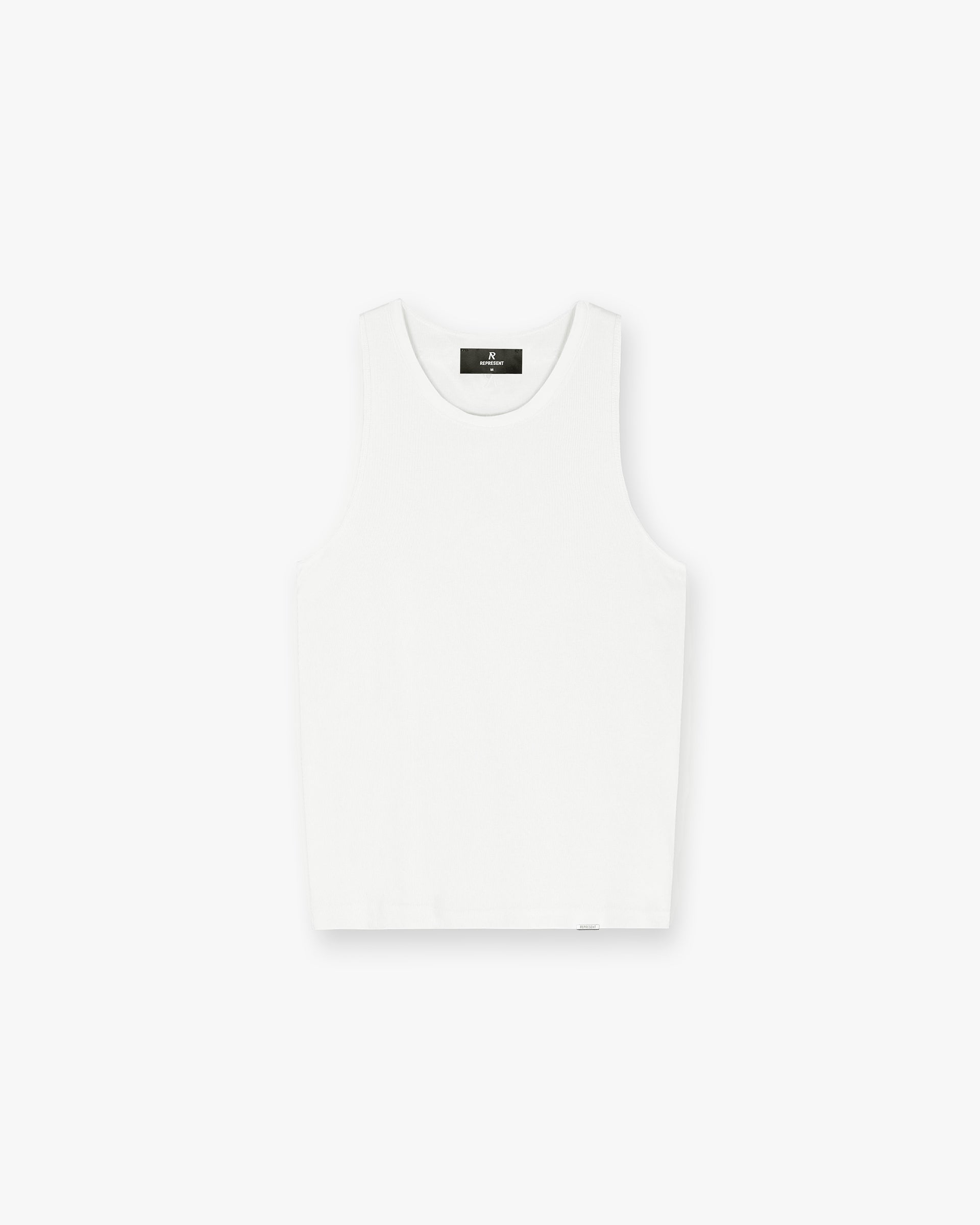 Front product image of a mens white vest on a plain white background | Initial Rib Vest in Flat White | Ribbed cotton vest | Initial T-Shirts | Represent Clo