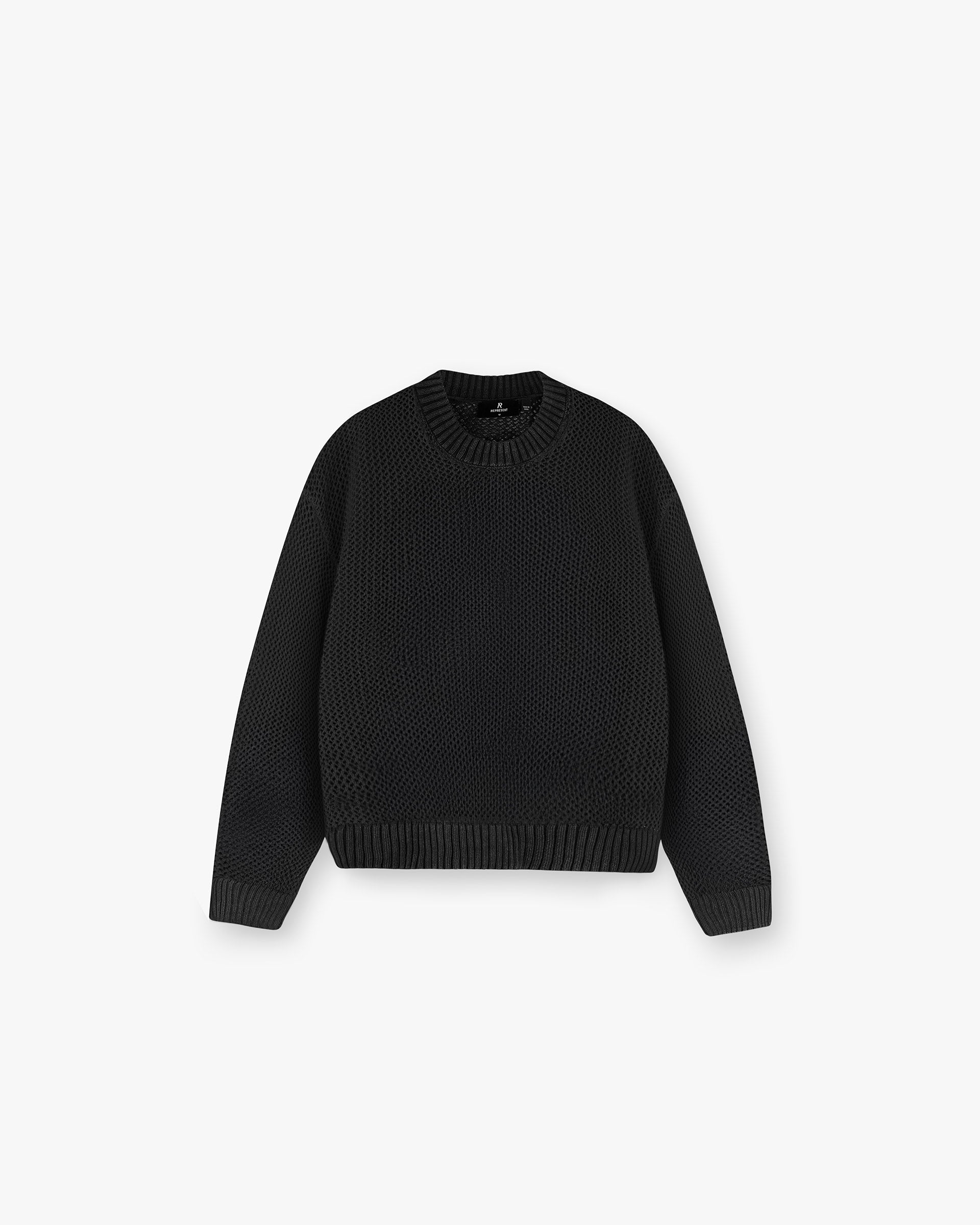 Front product image of a mens black knit sweater on a plain white background | Open Gauge Knit Sweater in Jet Black | Knit sweater with oversized fit | SS25 Knitwear | Represent Clo
