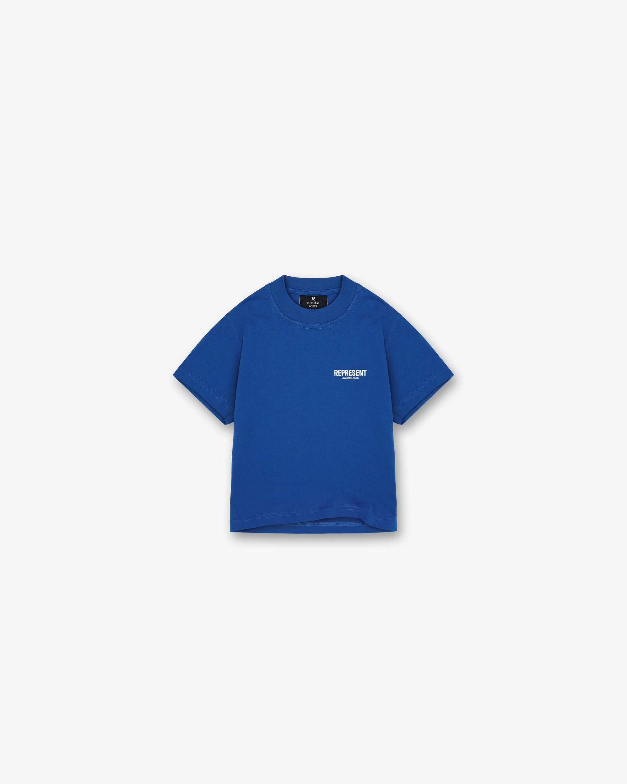 Back product image of a kids blue t-shirt on a plain white background | Represent Mini Owners Club T-Shirt in Cobalt | Slightly oversized kids graphic t-shirt | Owners Club T-Shirts | Represent Clo