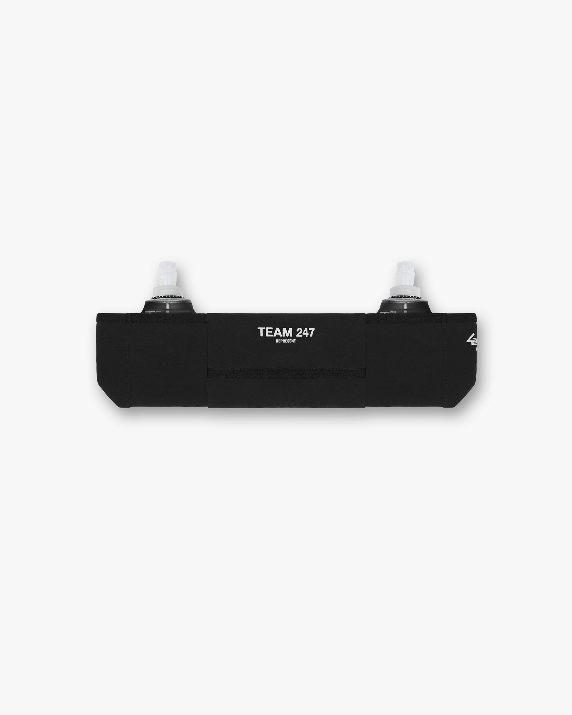 Back product image of a mens black hydration belt on a plain white background | 247 Hydration Belt in Black | Accessories with 6 varying sized pockets | 247 Accessories | Represent Clo