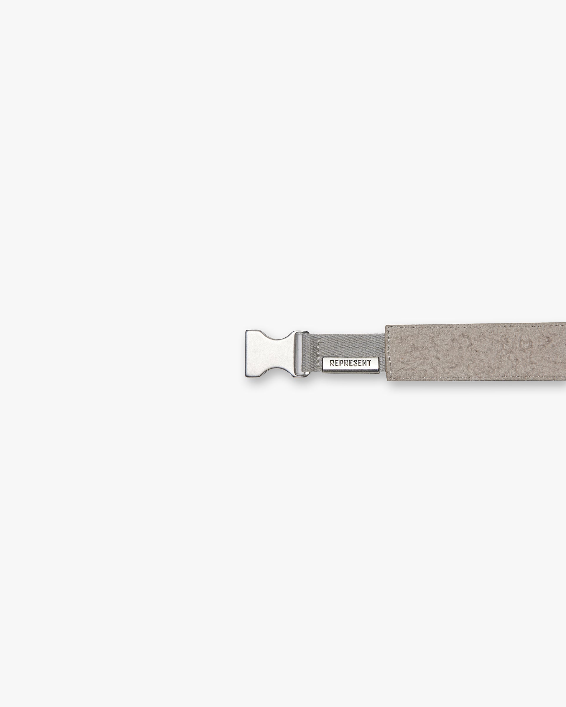 Back product image of a mens cashmere belt on a plain white background | Represent Belt in Cashmere | Hairy suede belt with tumbled leather back and brushed silver buckle | SS24 Accessories | Represent Clo