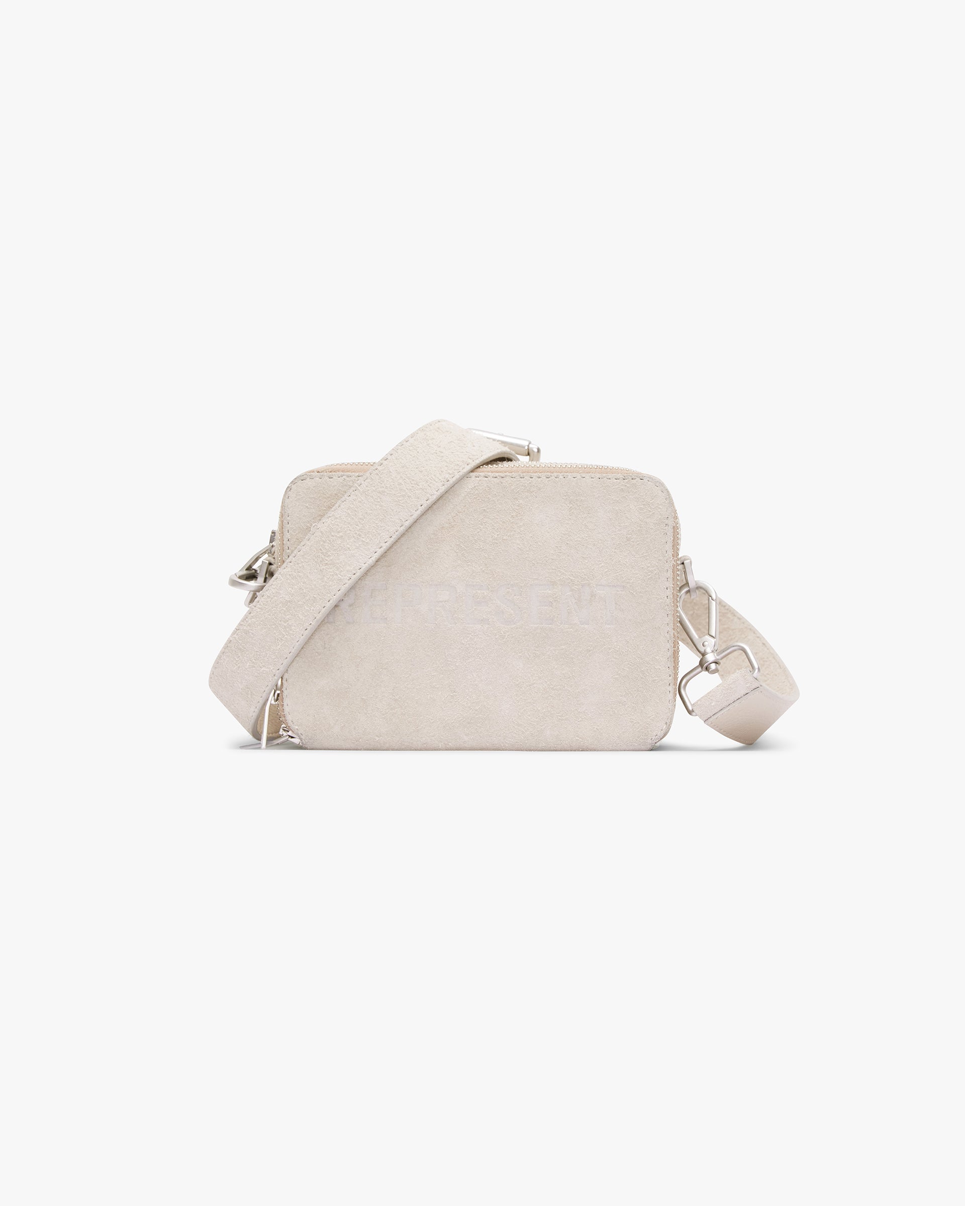 Front product image of a mens beige suede camera bag on a plain white background | Represent Hairy Suede Camera Bag in Cashmere | Suede camera bag with textured finish | SS24 Accessories | Represent Clo