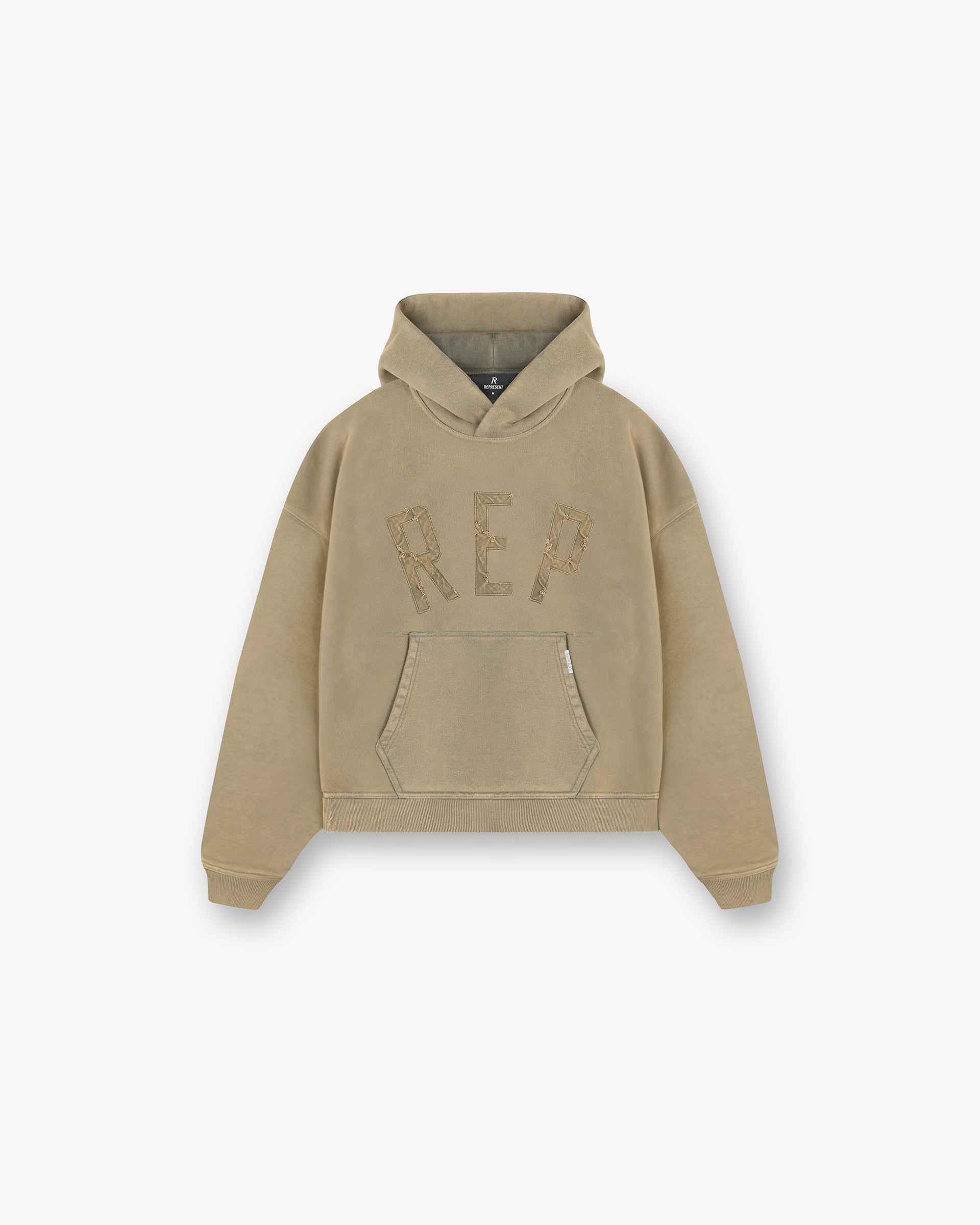 Front product image of a mens brown hoodie on a plain white background | Rep Applique Hoodie in Fawn | Cotton hoodie | FW24 Hoodies | Represent Clo