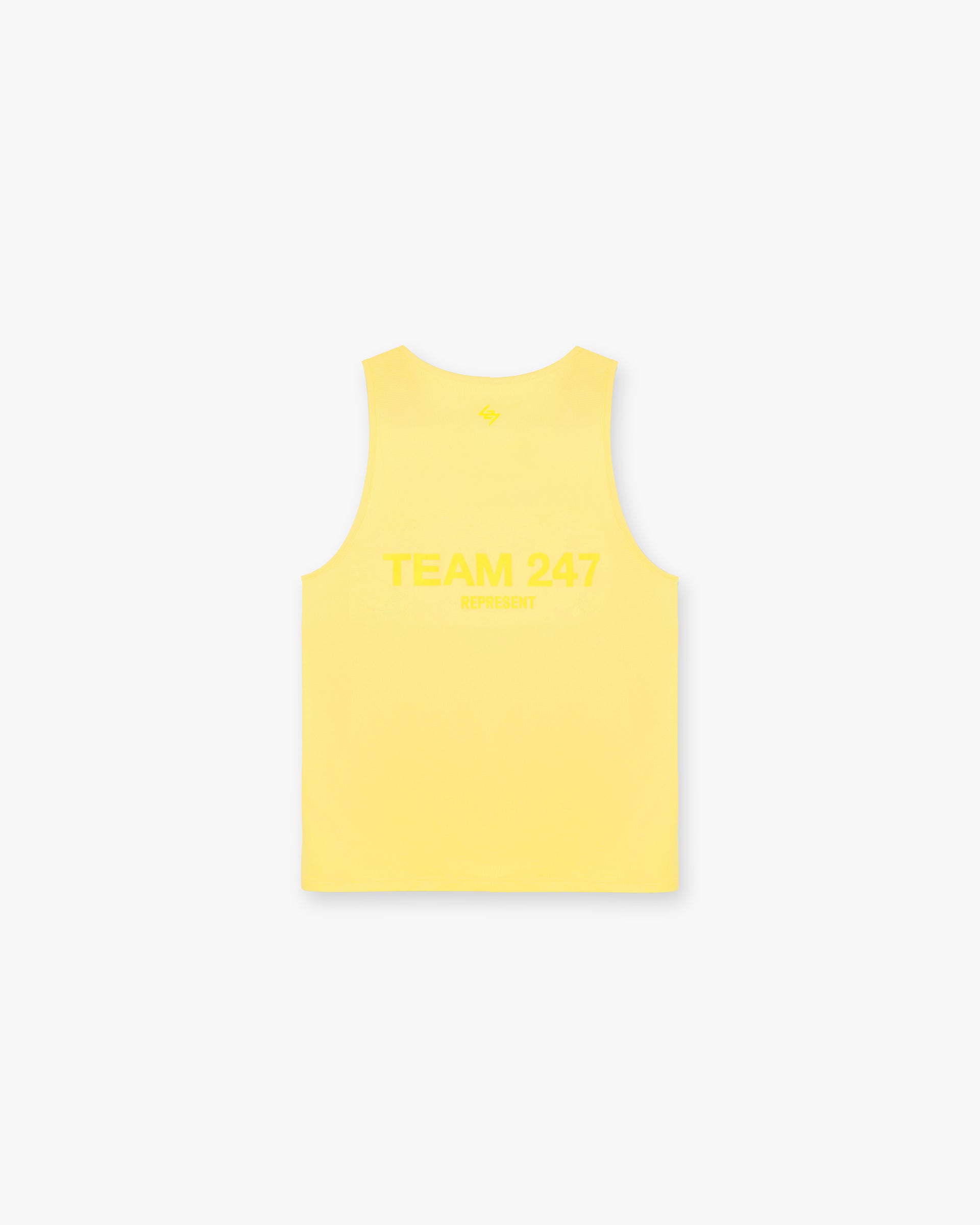 Back product image of a mens yellow running vest on a plain white background | Team 247 Run Vest in Lemon | Lightweight breathable running vest with Team 247 branding | 247 T-Shirts | Represent Clo