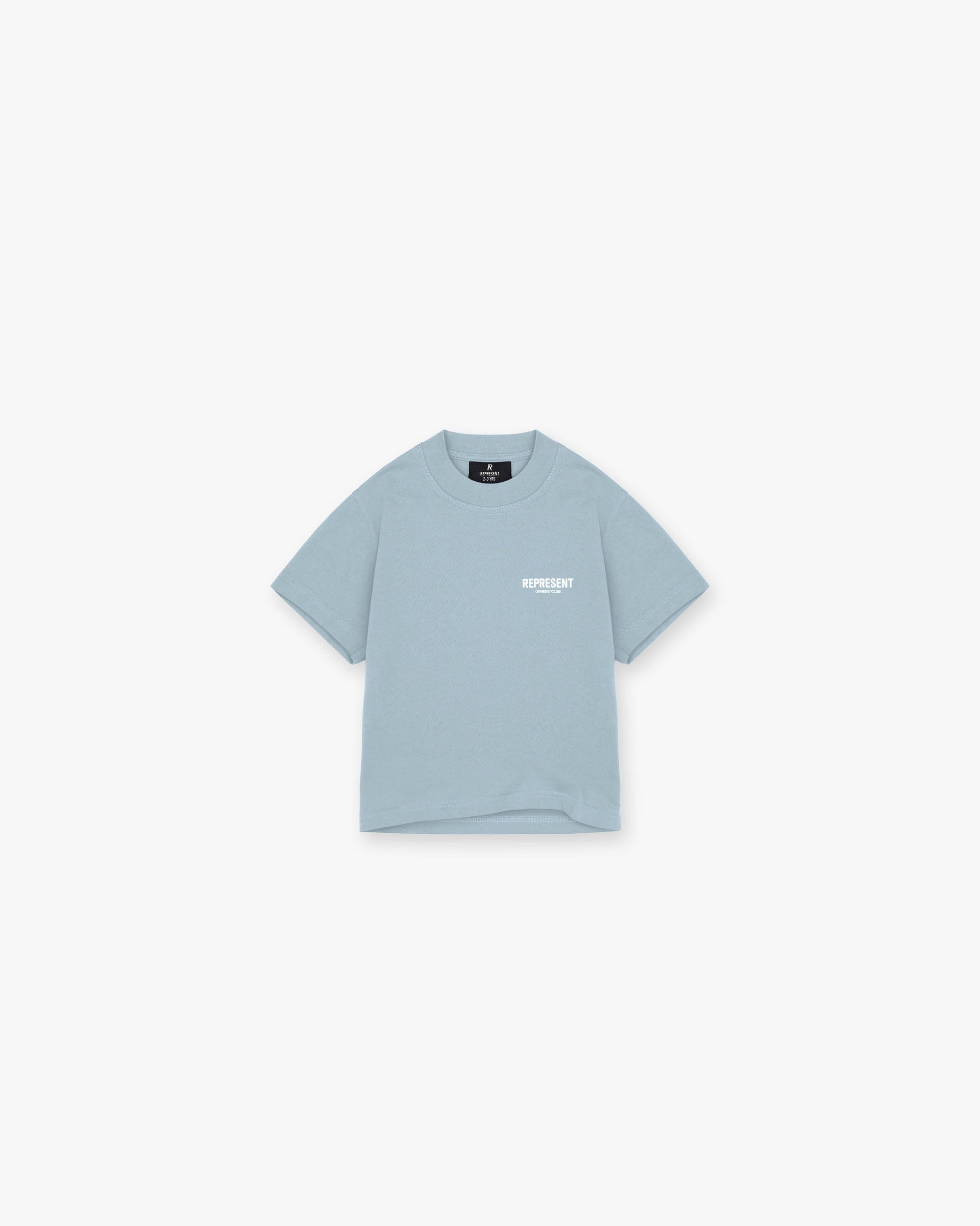 Back product image of a kids blue t-shirt on a plain white background | Represent Mini Owners Club T-Shirt in Powder Blue | Children's t-shirt with screen printed graphic | Owners Club T-Shirts | Represent Clo