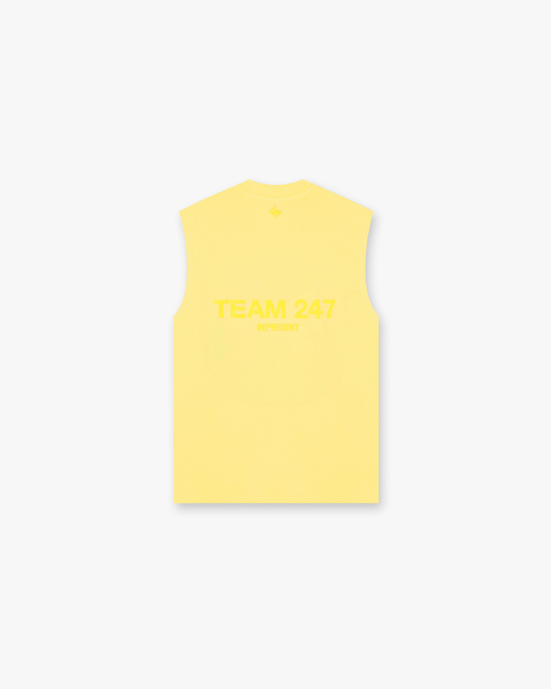 Back product image of a mens yellow tank top on a plain white background | Team 247 Oversized Tank in Lemon | Lightweight quick drying tank top with Drirelease fabric | 247 T-Shirts | Represent Clo