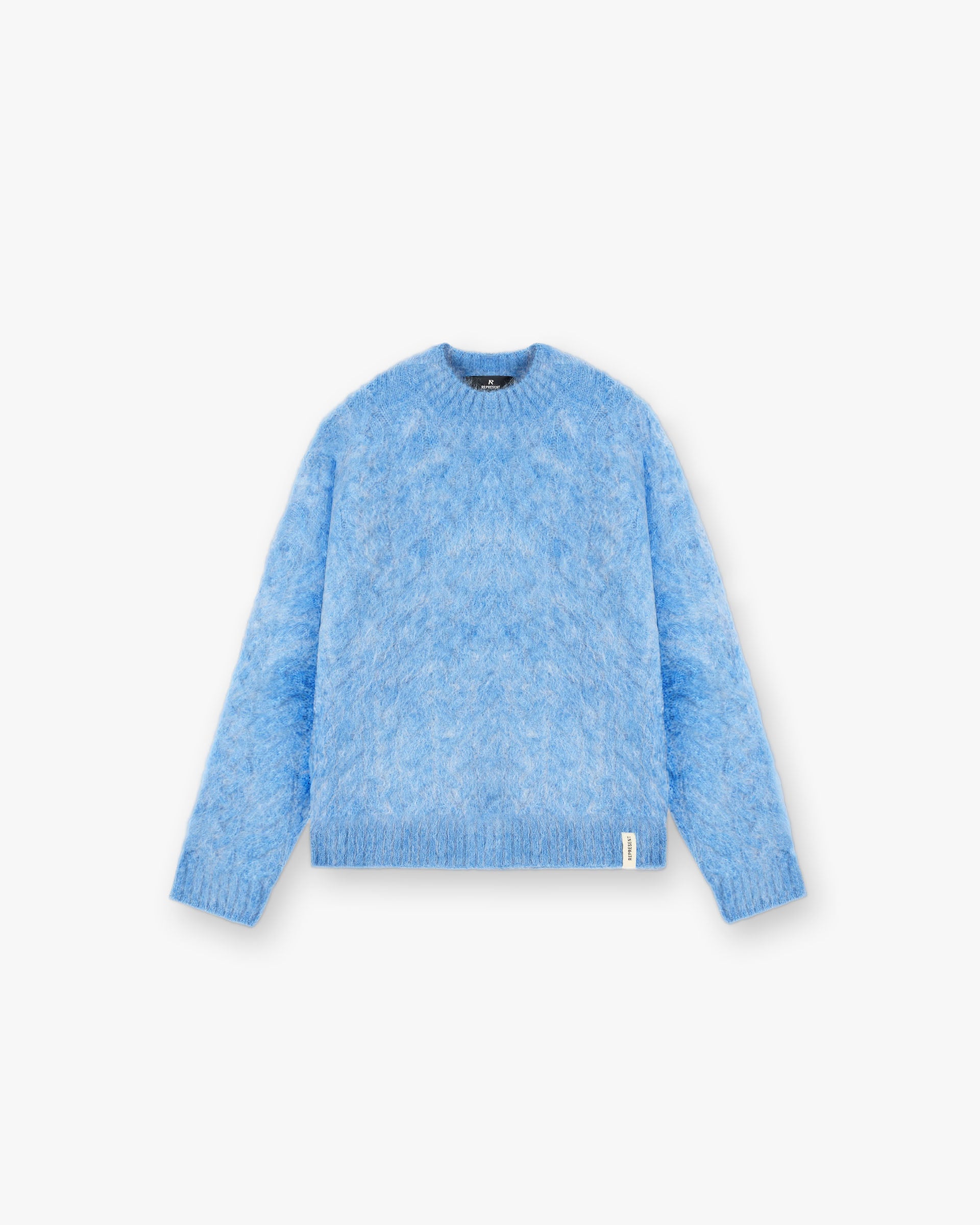 Front product image of a mens electric blue knit sweater on a plain white background | Cable Knit Sweater in Electric Blue | Heavy weight knitwear with ribbed collar and cuffs | FW24 Knitwear | Represent Clo