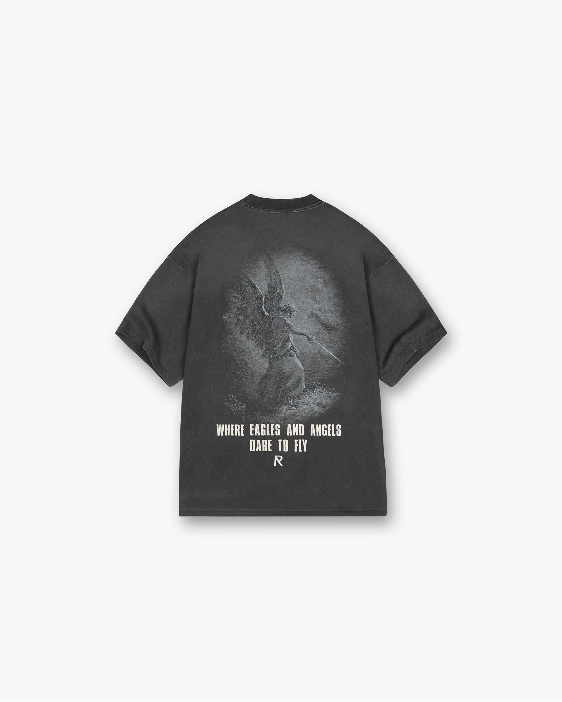 Back product image of a mens black t-shirt on a plain white background | Godspeed T-Shirt in Aged Black | Oversized t-shirt with raw hem and cracked graphic | FW24 T-Shirts | Represent Clo