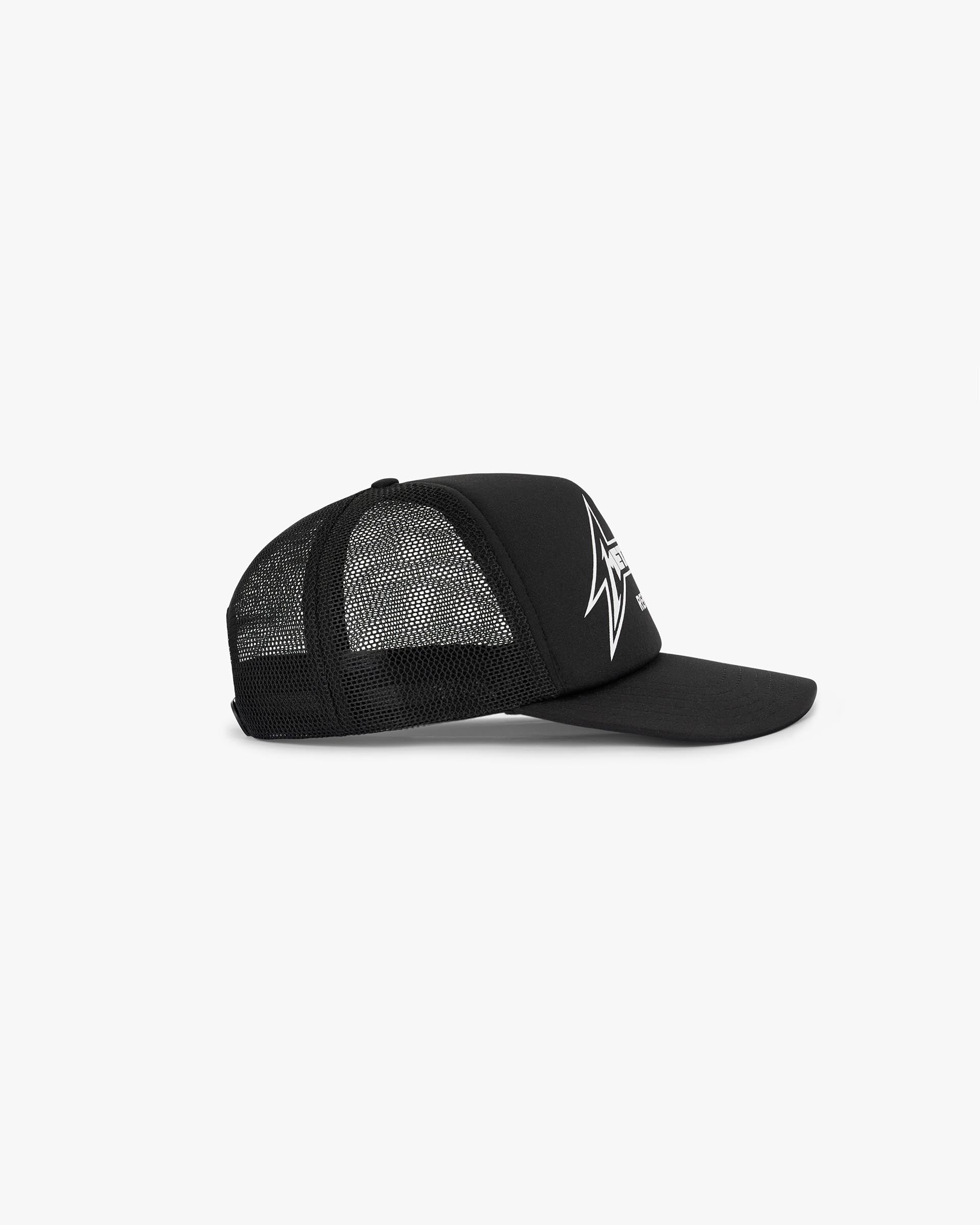 Back product image of a mens black cap on a plain white background | Represent X Metallica Cap in Black | Trucker cap with mesh back and snapback adjuster | SS24 Accessories | Represent Clo
